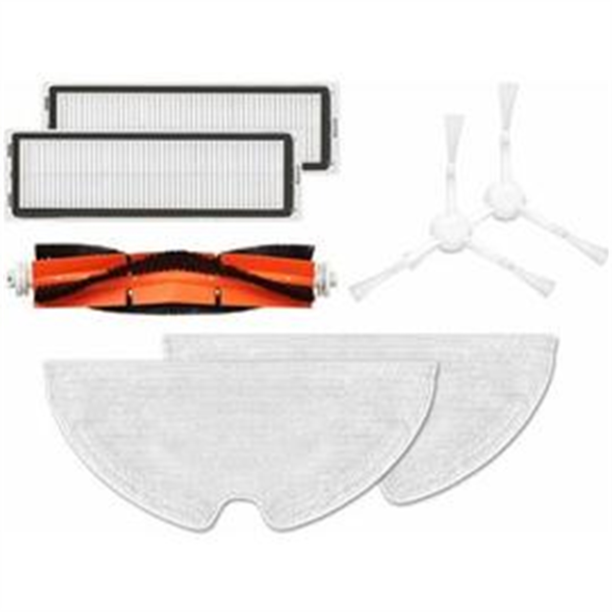 Staubsaugerteile. Zwei Filter, eine Walzenbürste und zwei Wischtücher. Alle Teile sind weiß und schwarz.