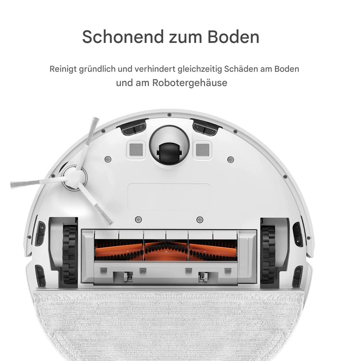 Die Unterseite eines weißen Roboter-Staubsaugers mit orangefarbenen Bürsten.