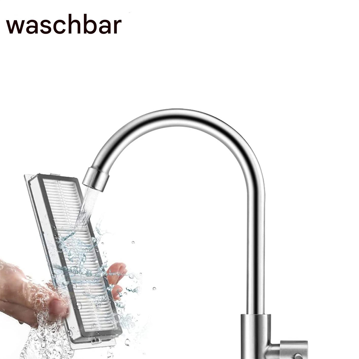 Eine Hand, die einen Filter unter einem Chromhahn abspült.