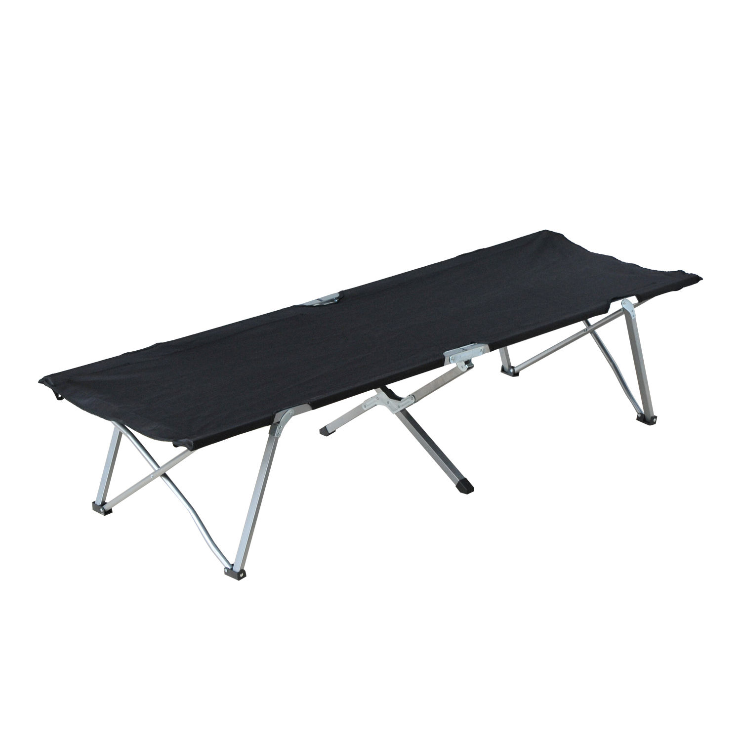 Schwarzes Klapp-Campingbett. Metallrahmen. Bett ist ausgeklappt und leer. Einfaches Design auf weißem Hintergrund.