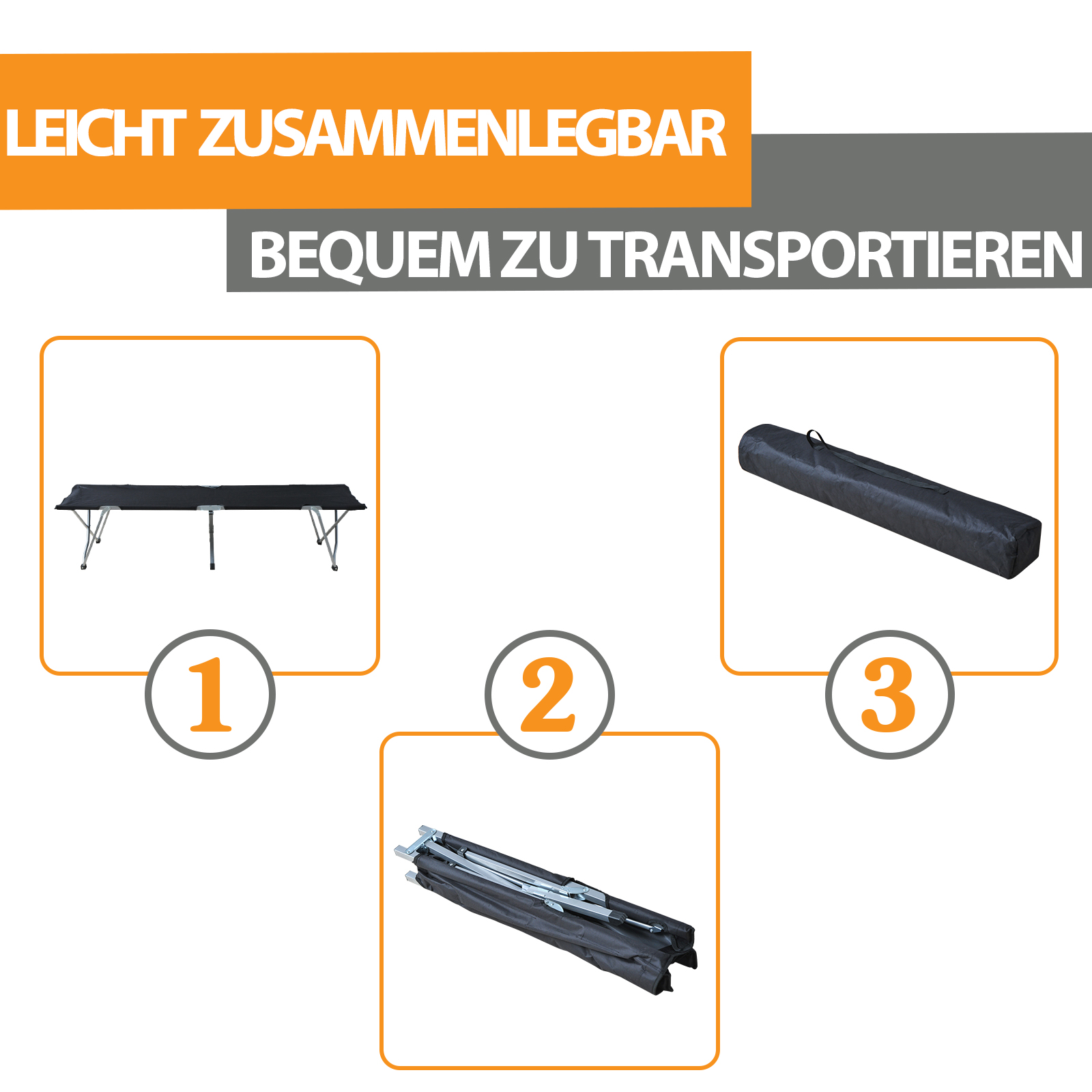 Drei Bilder, die eine schwarze Campingliege sowie den zusammengeklappten Rahmen und die Tasche zeigen.