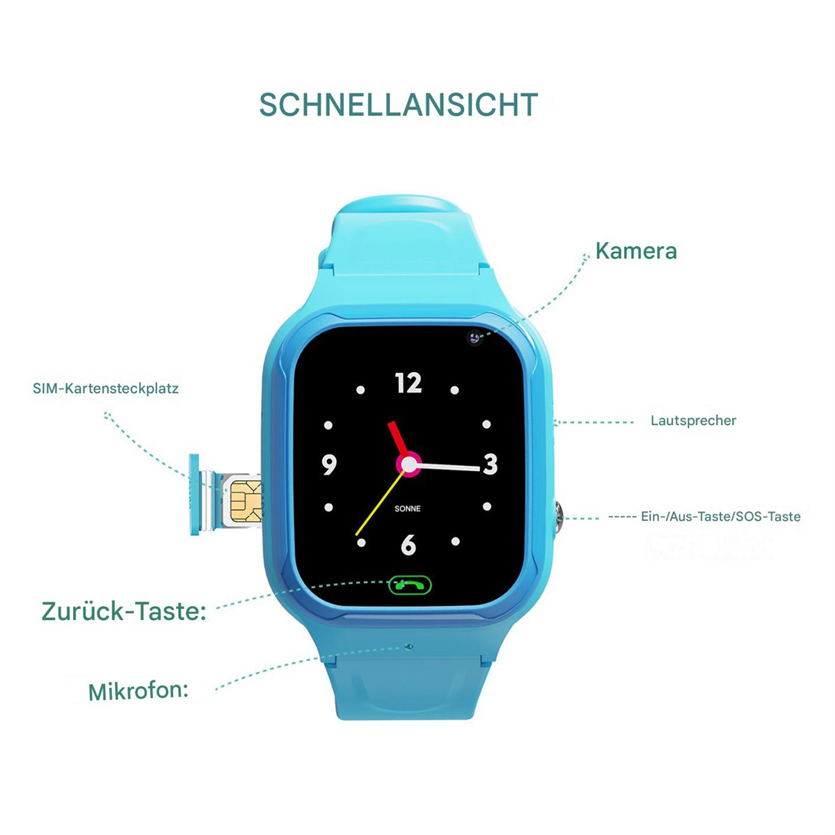 Eine blaue Smartwatch mit digitalem Display, das die Uhrzeit und andere Funktionen anzeigt.