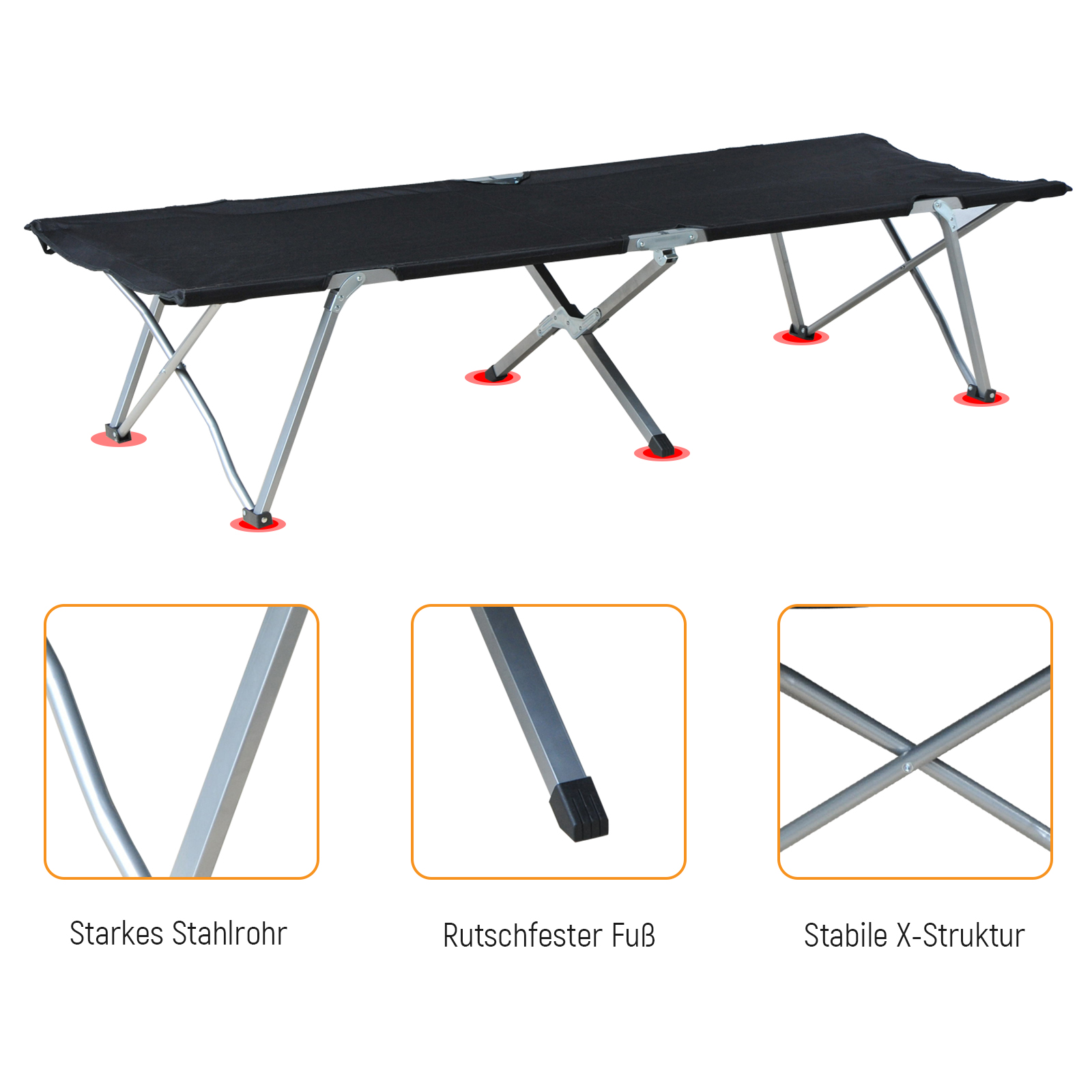 Eine schwarze Campingliege mit silbernen Beinen und roten Füßen, mit Detailbildern.