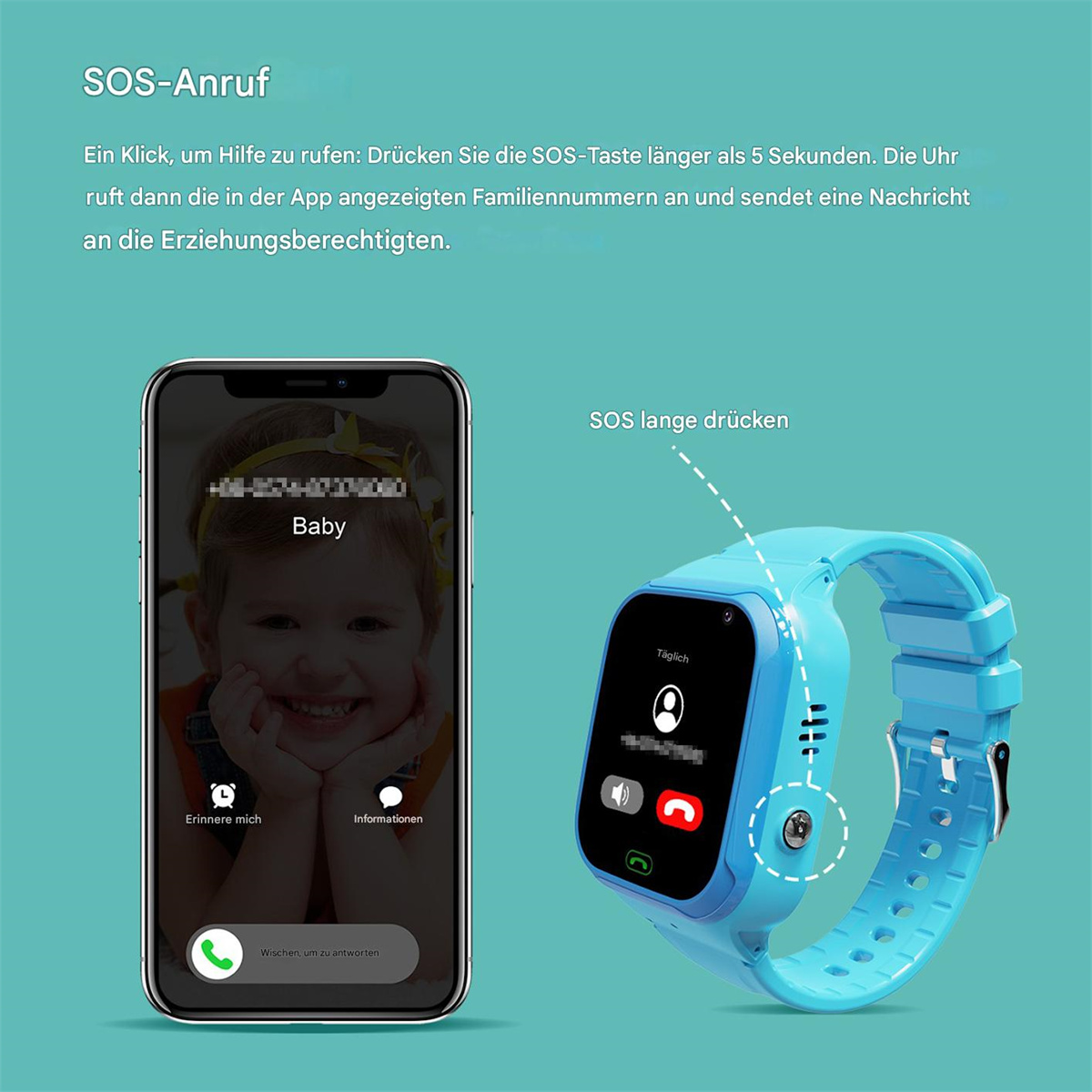 Eine blaue Smartwatch mit Anrufbildschirm und einem Bild eines Babys auf einem Telefon.