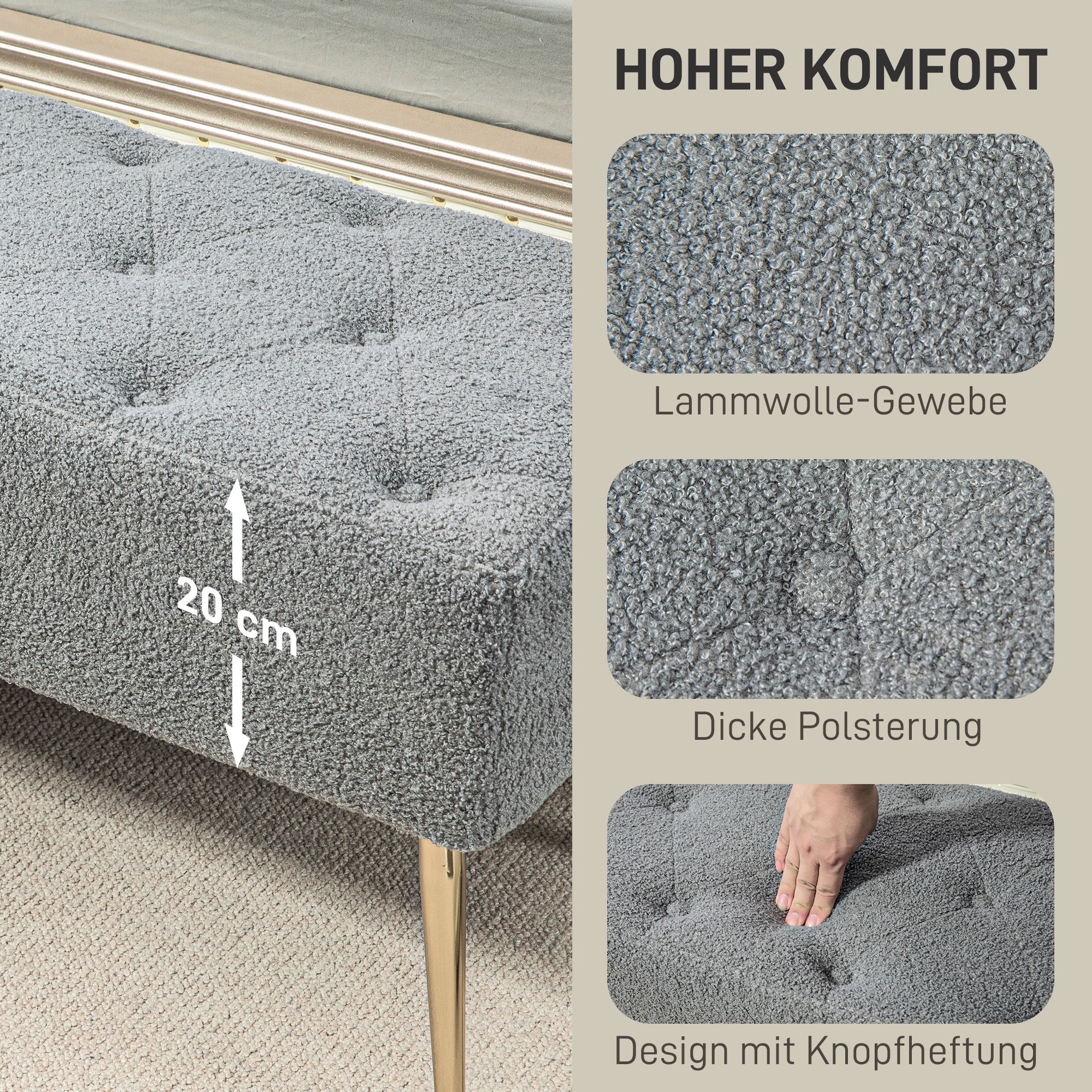 Graue Bank mit goldenen Beinen. Details des Stoffes sind gezeigt. Text: Hoher Komfort.