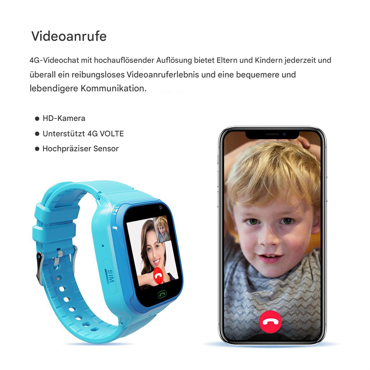Eine Smartwatch mit Videoanruf auf dem Bildschirm, Kind auf dem Telefonbildschirm, Text und Details.