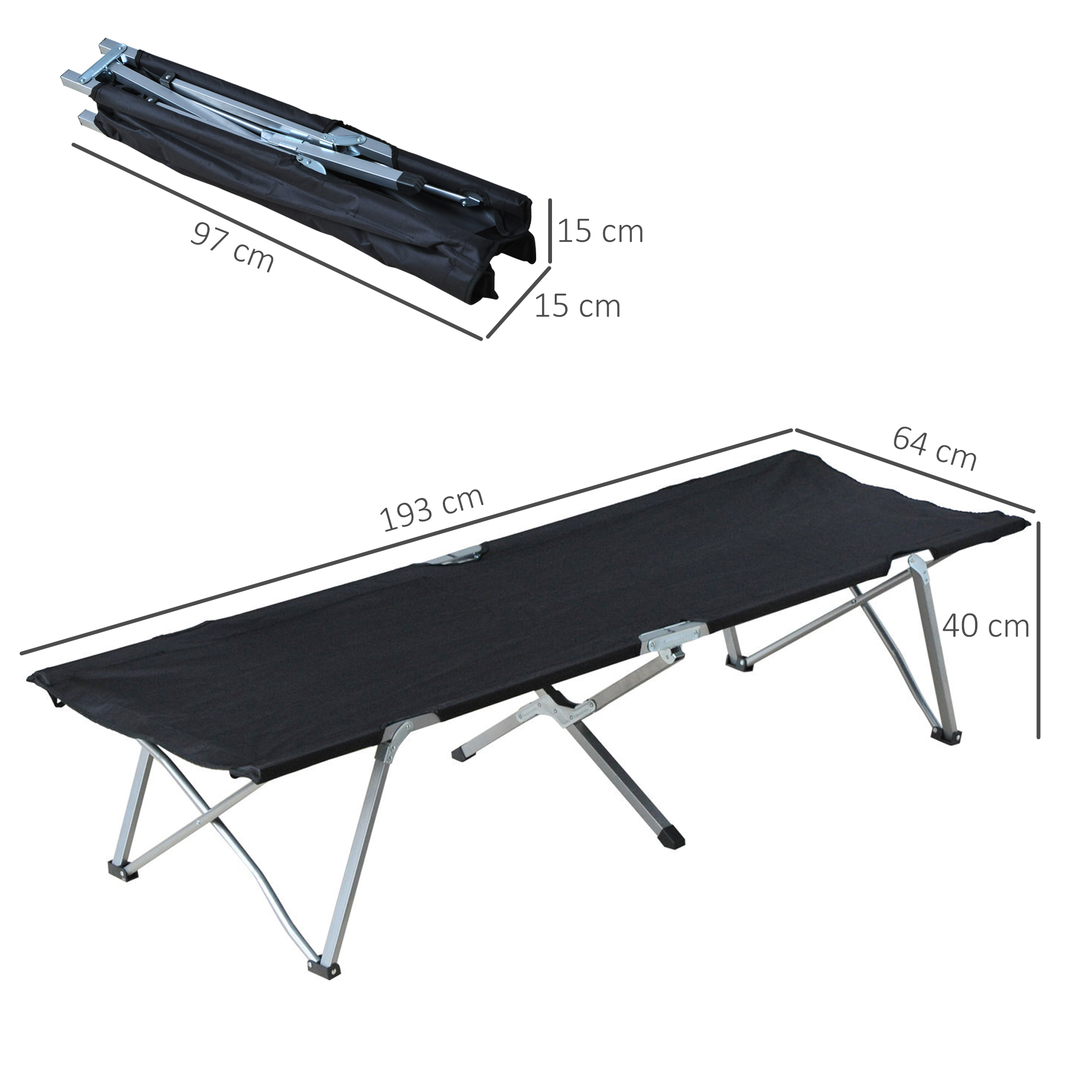 Ein schwarzes Campingbett, gefaltet und entfaltet, mit angegebenen Abmessungen in cm.