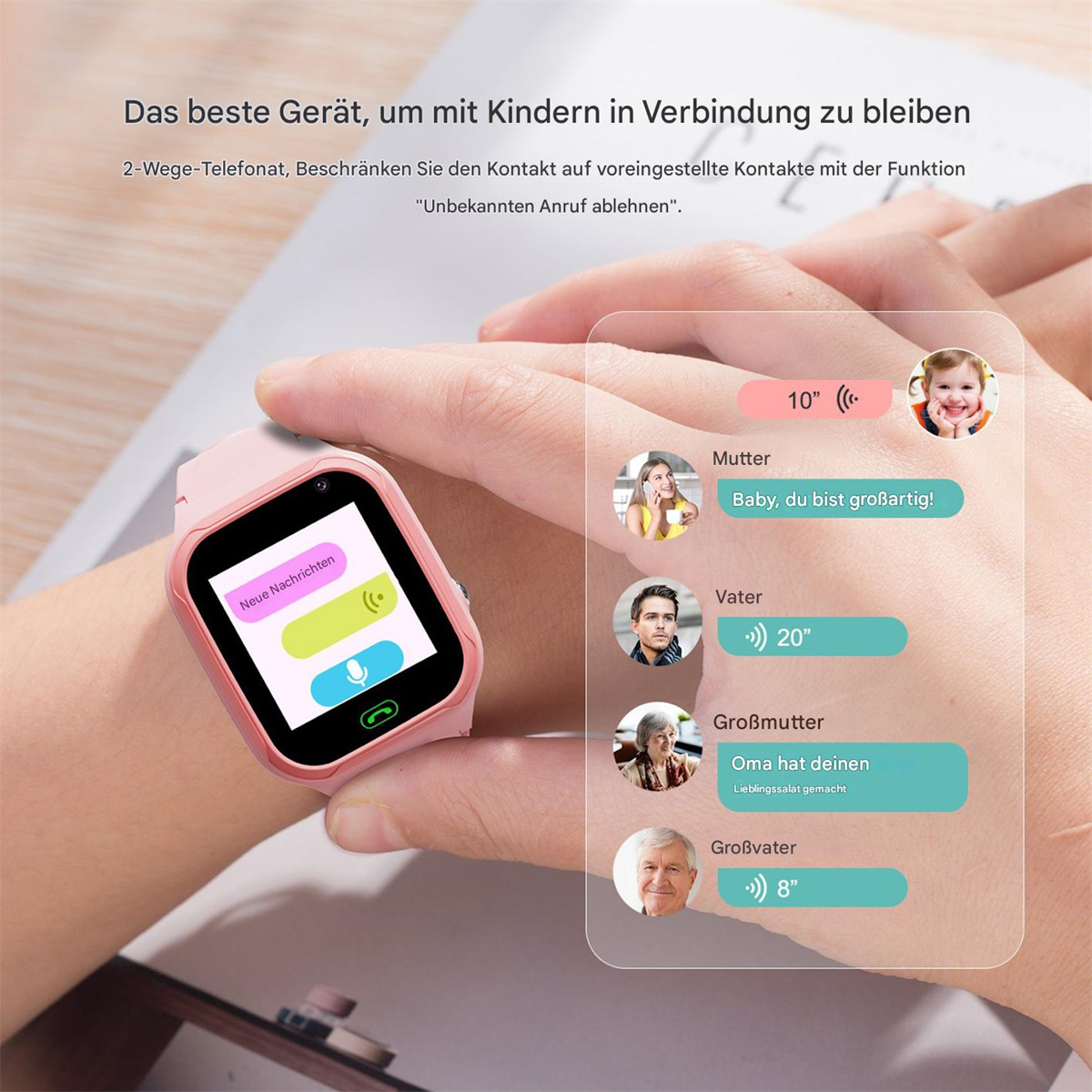Eine rosa Smartwatch mit Nachrichten von der Familie. Der Bildschirm zeigt Zeit und Emojis.