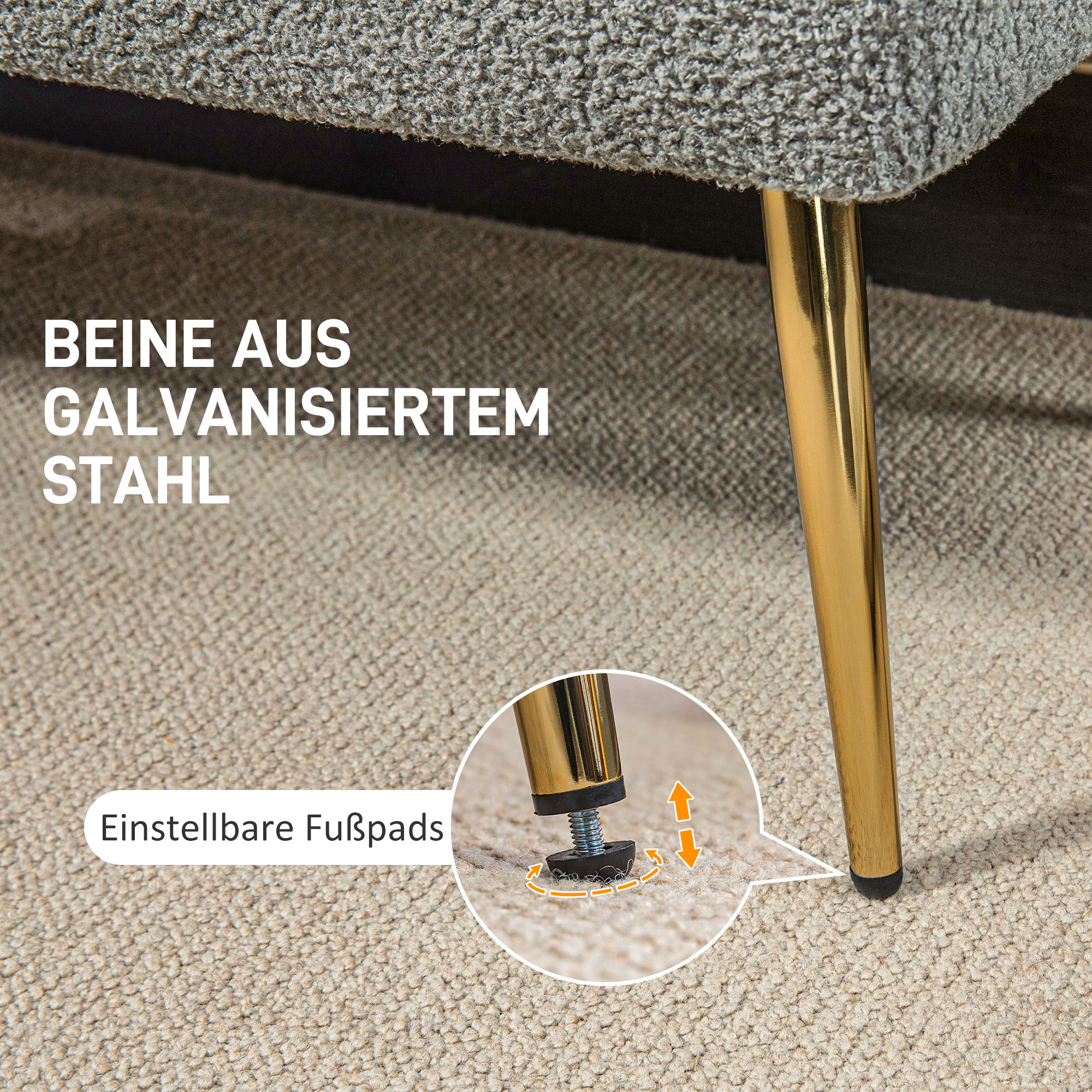 Nahaufnahme einer grauen Bank mit goldenen Beinen und verstellbaren Fußpolstern.