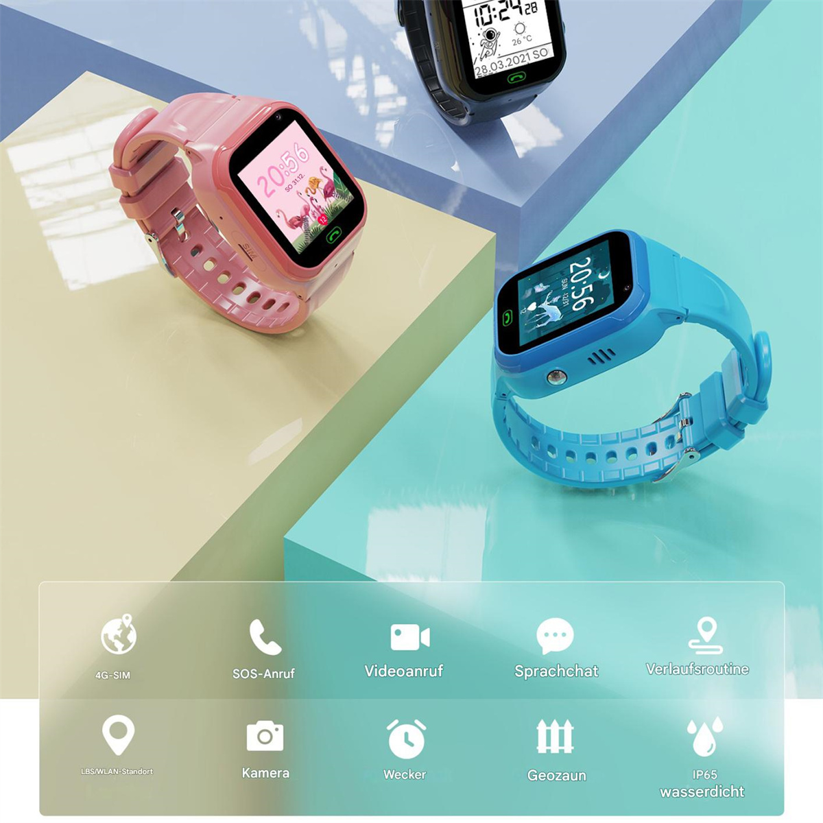 Zwei Smartwatches, rosa und blau, mit Symbolen für Funktionen.