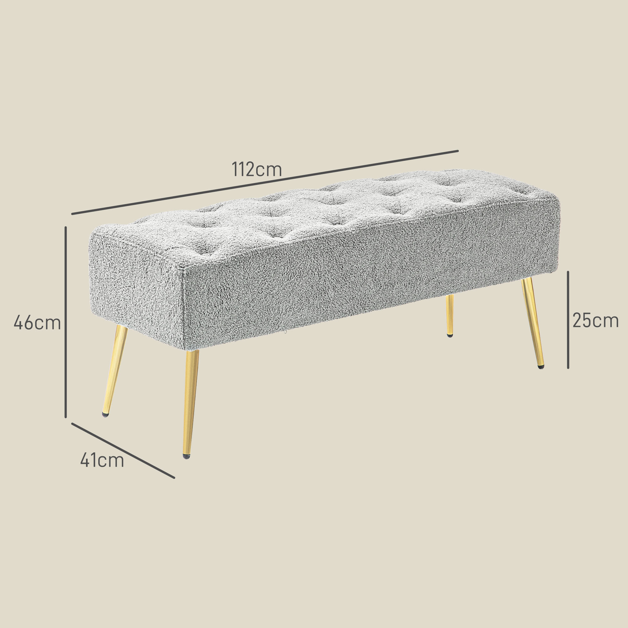 Eine graue Bank mit goldenen Beinen. Abmessungen: 112 cm, 46 cm, 25 cm und 41 cm.