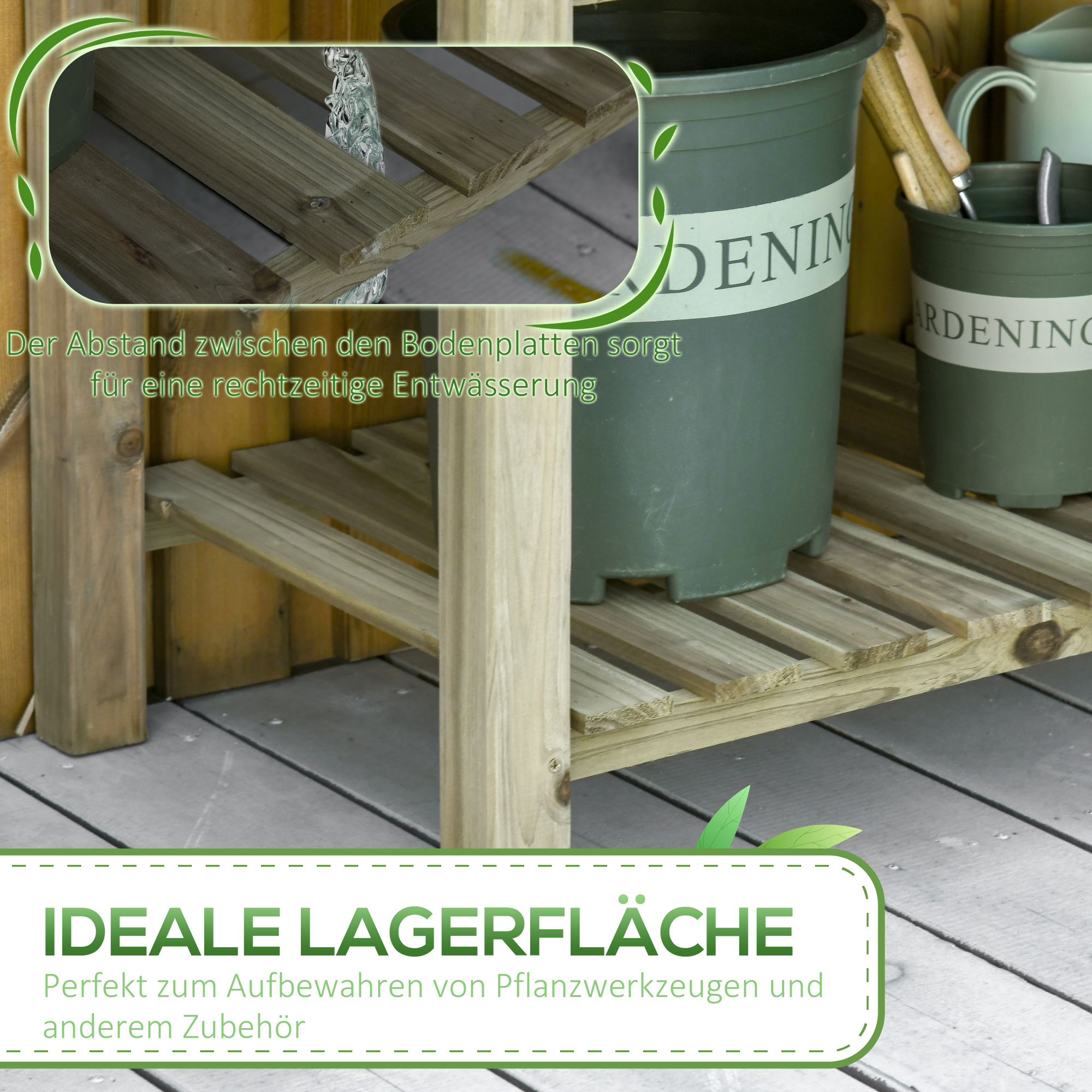 Holzregal mit Blumentöpfen. Das Regal hat eine Holzstruktur und ist mit Gartenbedarf gefüllt.
