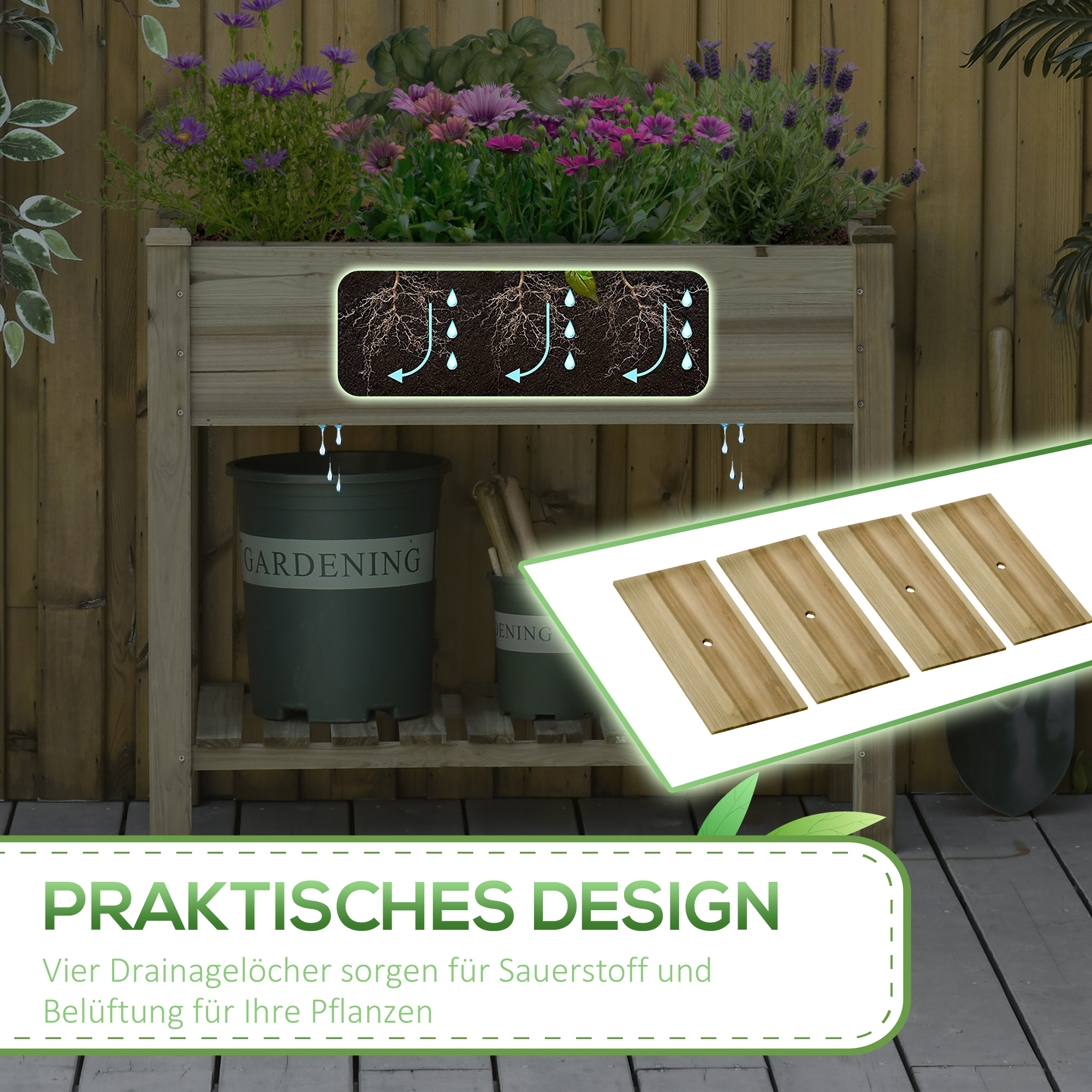 Holzpflanzer mit Blumen, Text auf der Seite und ein Diagramm zur Veranschaulichung der Wasserableitung.