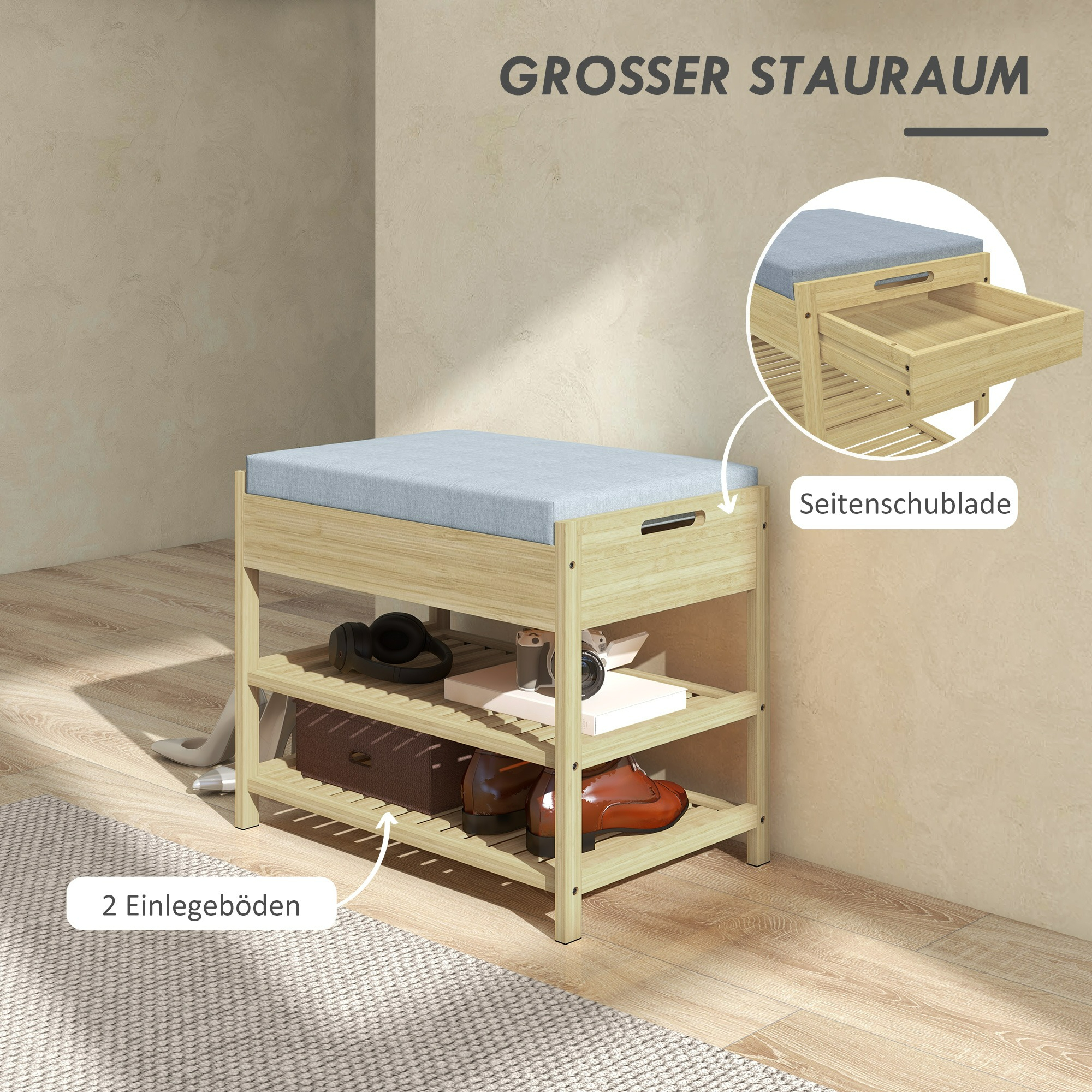 Schuhregal aus Holz mit Schublade und zwei Regalen, mit Schuhen und Zubehör. Raum in neutralen Farbtönen.