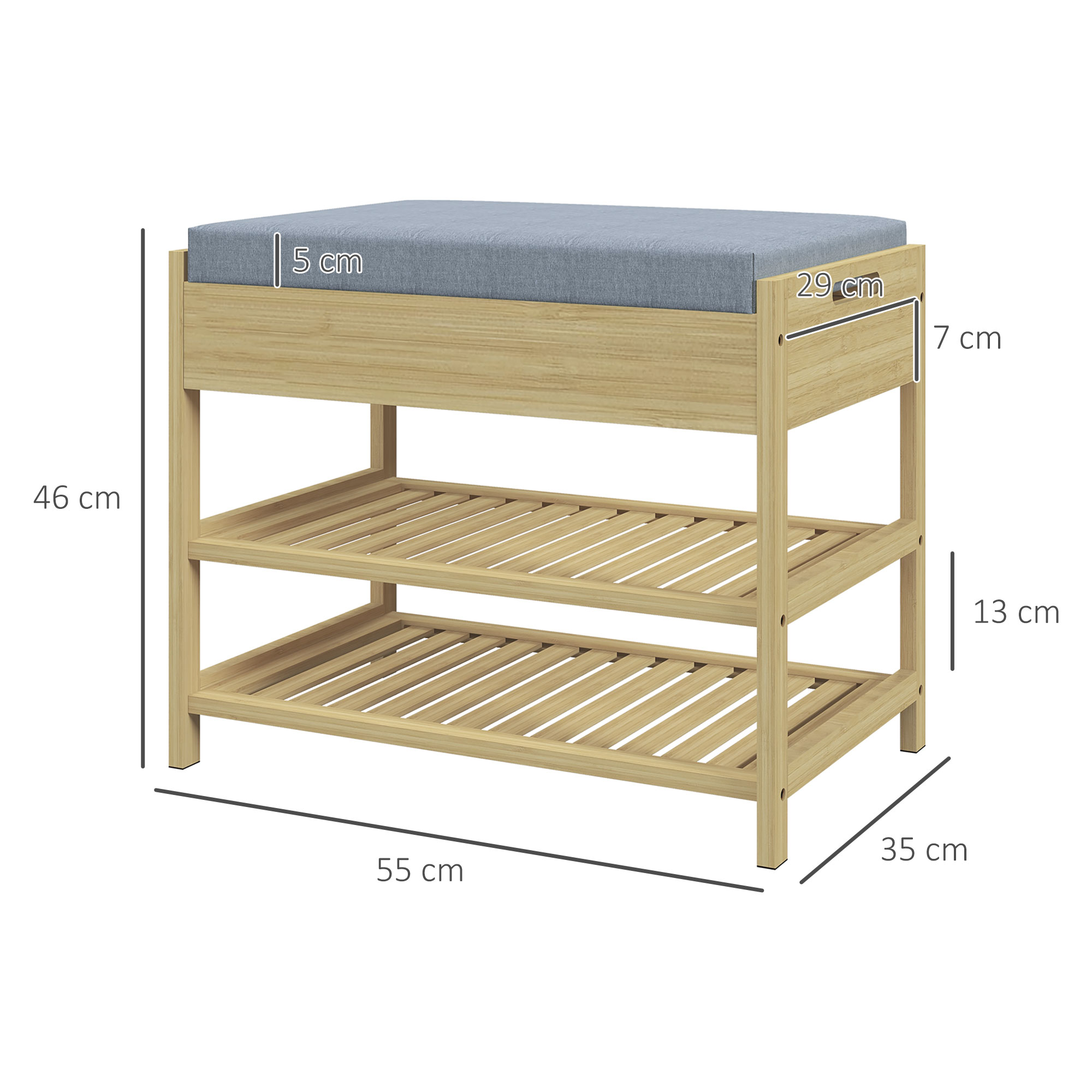 Schuhregal aus Holz mit zwei Regalen und gepolstertem Sitz. Abmessungen sind mit Pfeilen und Zahlen angegeben.
