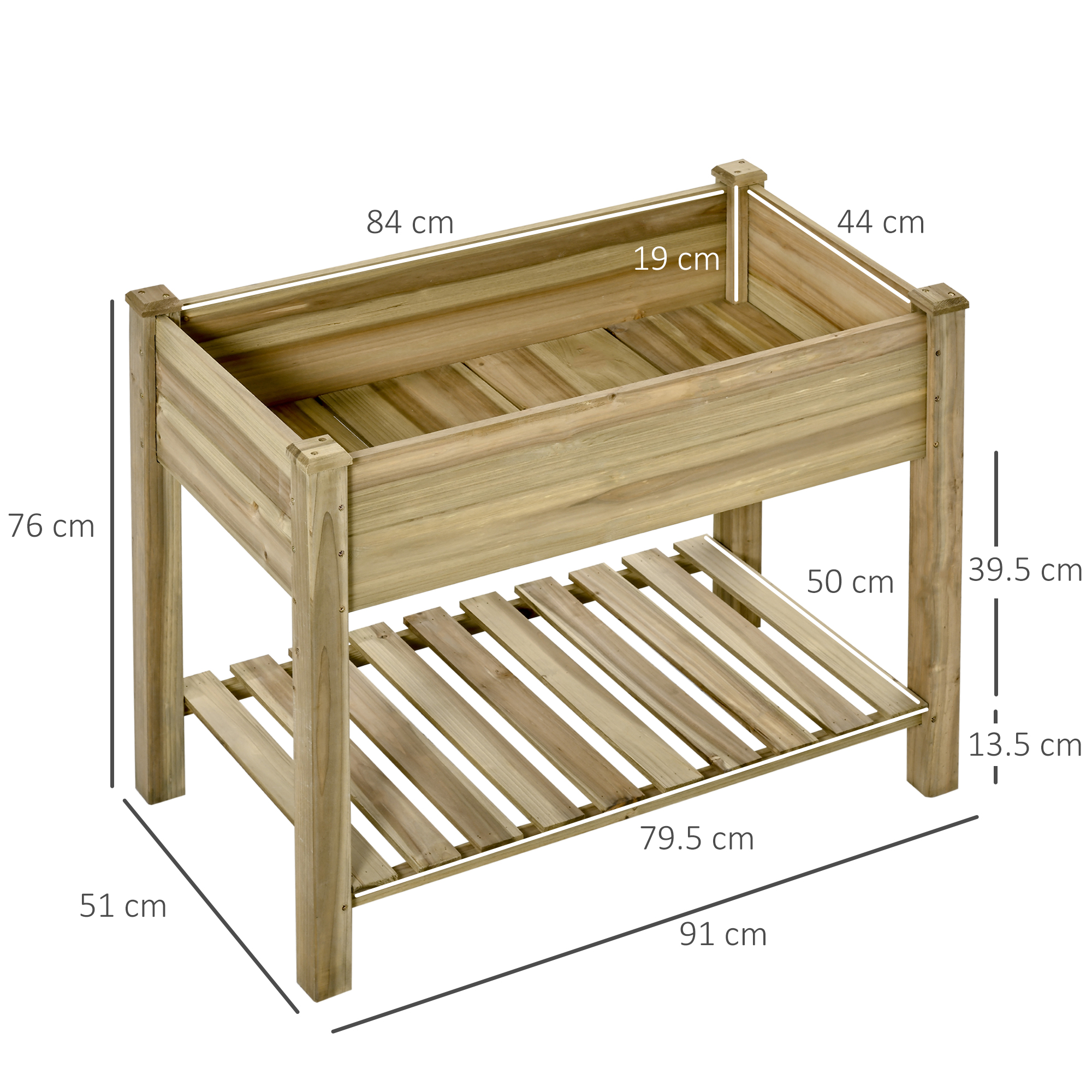 Erhöhtes Gartenbeet aus Holz, mit Abmessungen, einem Lattenregal und einer großen rechteckigen Pflanzfläche.