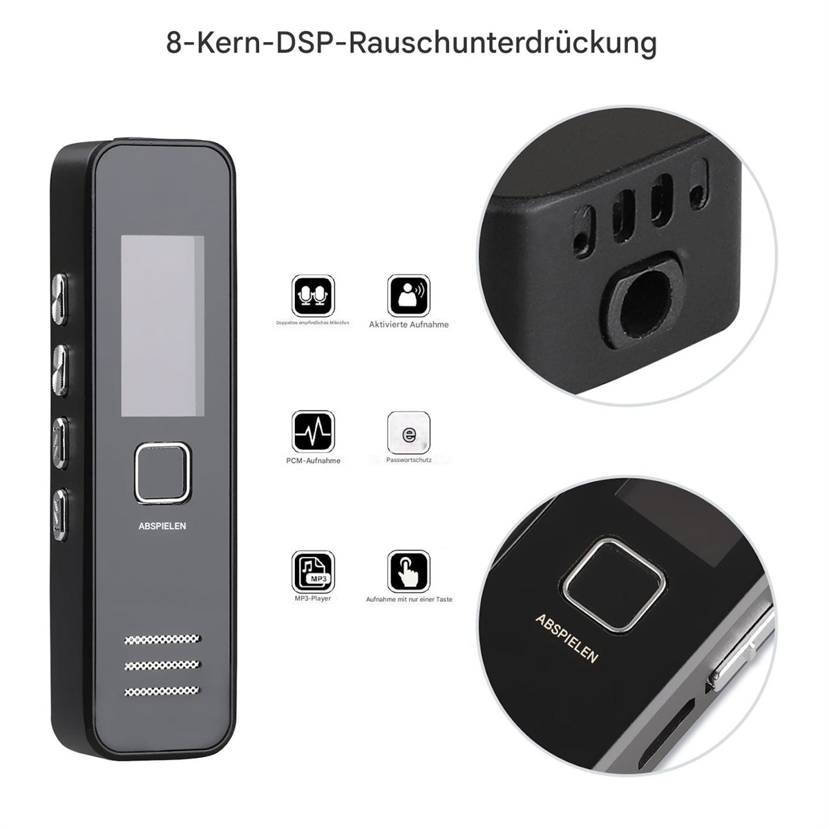 Nahaufnahme eines schwarzen digitalen Diktiergeräts mit Knöpfen, Bildschirm und Detailaufnahmen der Gerätefunktionen.