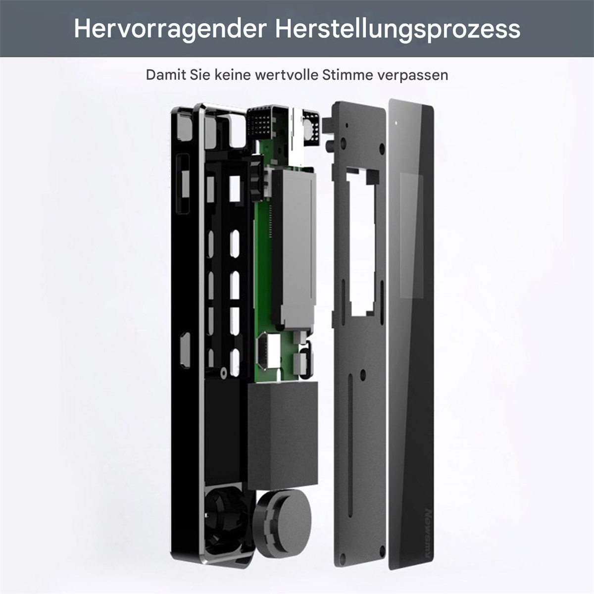 Explosionsansicht des schwarzen Audiorekorders, die interne Komponenten und Konstruktionsschichten zeigt.