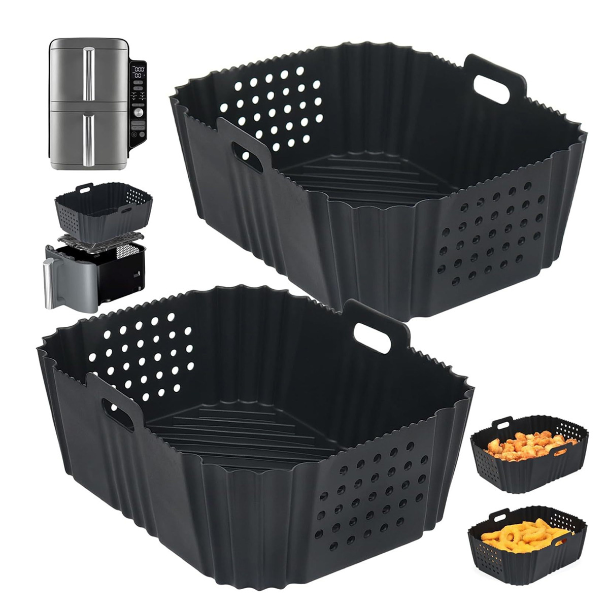 Zwei schwarze Silikon-Heißluftfritteusen-Körbe mit Griff. Die Körbe sind zum Frittieren bestimmt.