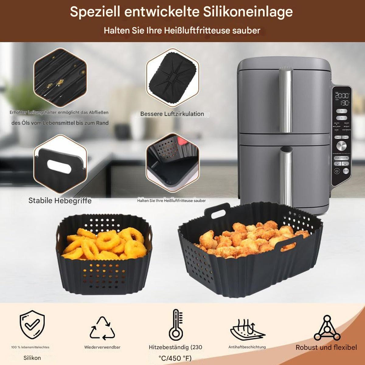 Heißluftfritteuse mit Silikoneinsätzen, zeigt Essen im Inneren und verschiedene Symbole, die Funktionen und Vorteile anzeigen.