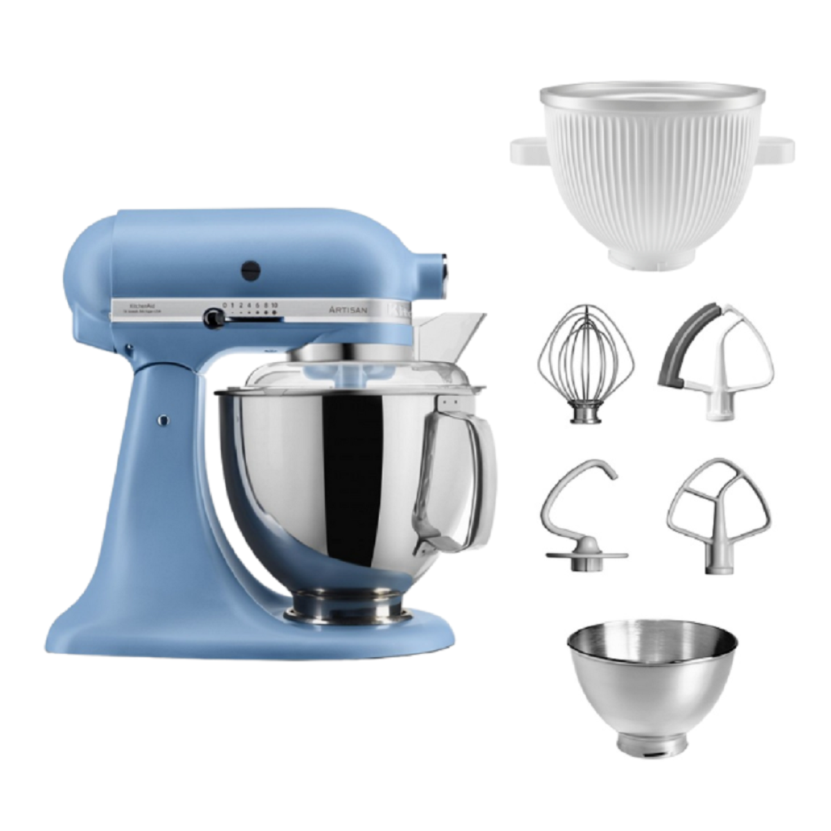 Blauer KitchenAid-Küchenmixer mit Zubehör.