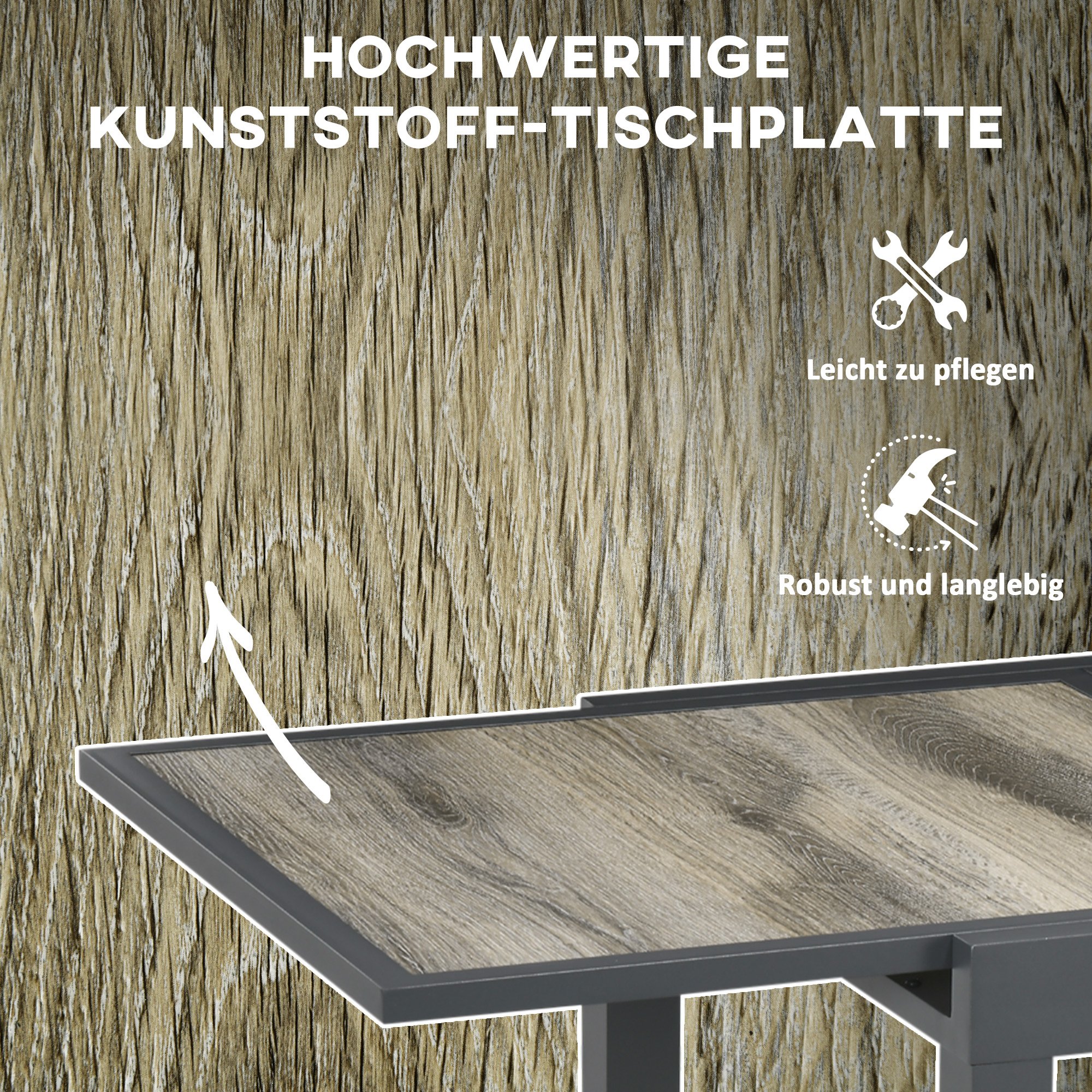 Nahaufnahme einer Tischoberfläche mit holzähnlicher Textur und dunklem Metallrahmen.
