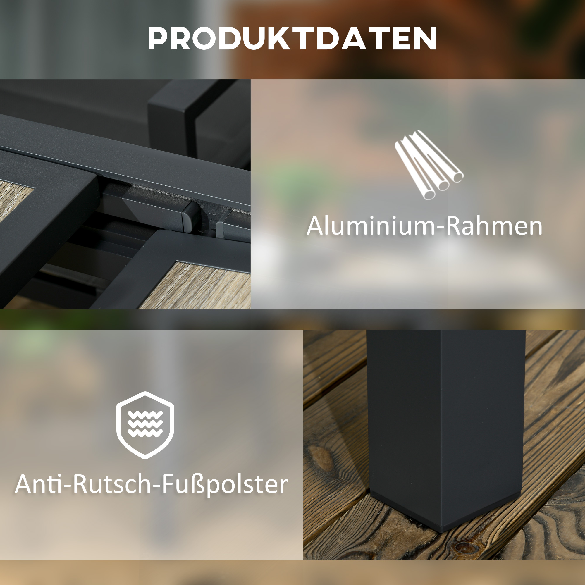 Nahaufnahme-Produktdetails, darunter Aluminiumrahmen, Anti-Rutsch-Fußpolster und HolzTisch Detail.