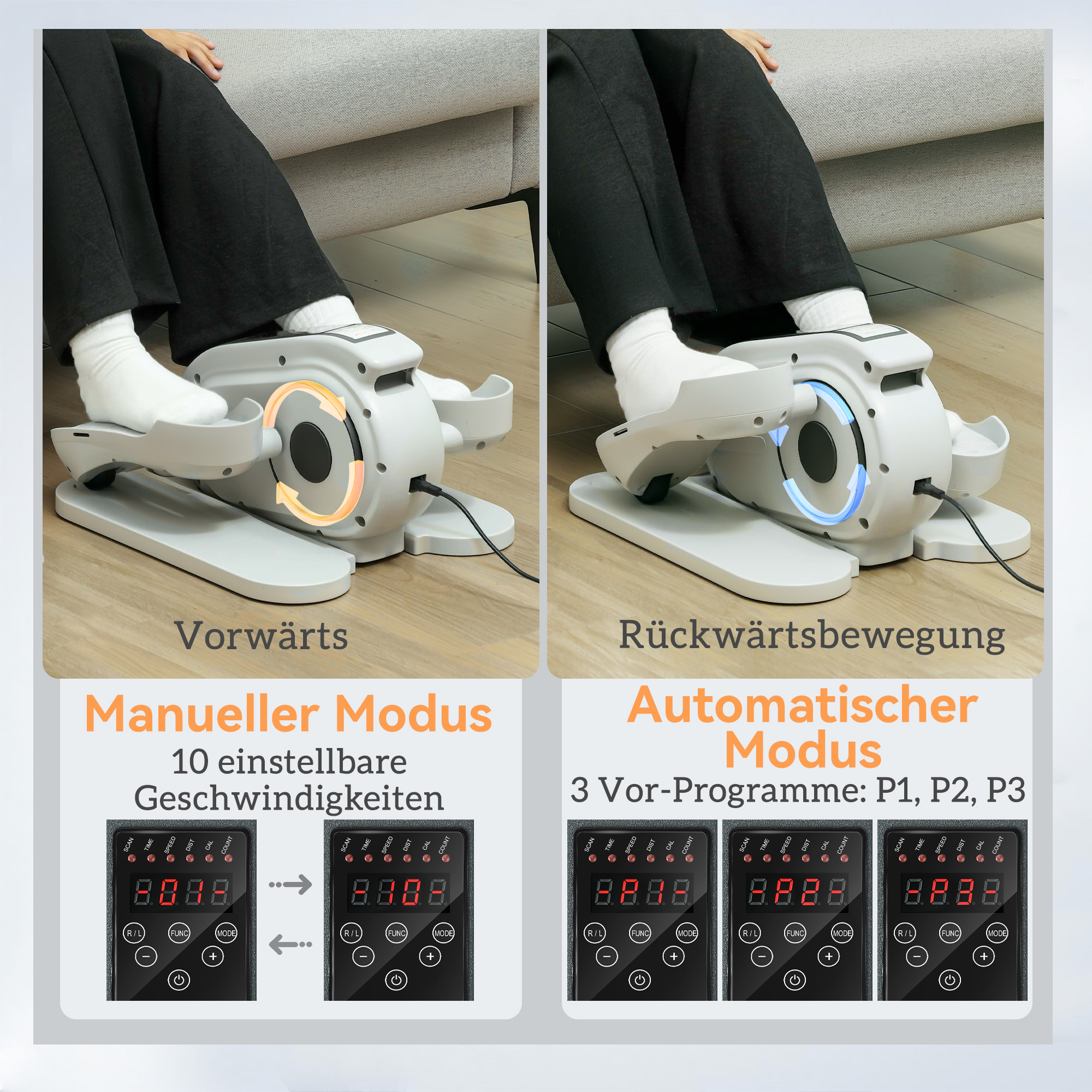 Zwei nebeneinanderliegende Bilder: eines zeigt Vorwärts-, das andere Rückwärtsbewegung. Digitalanzeige.