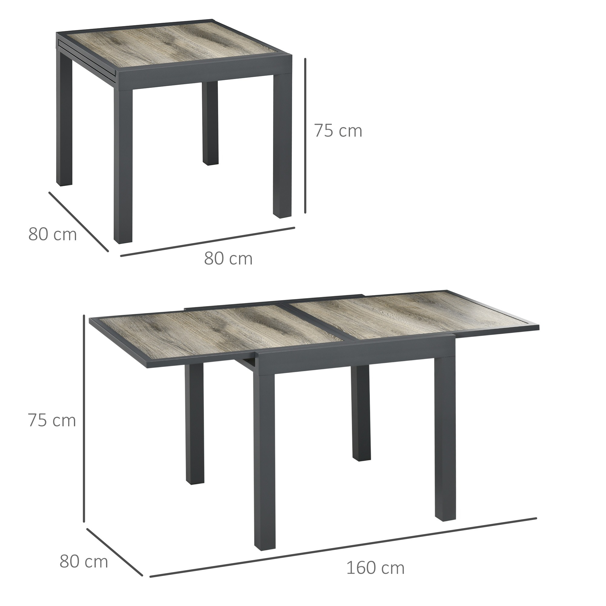 Zwei Tische, einer quadratisch und einer rechteckig, beide mit Holzplatten und grauen Rahmen. Abmessungen werden angezeigt.