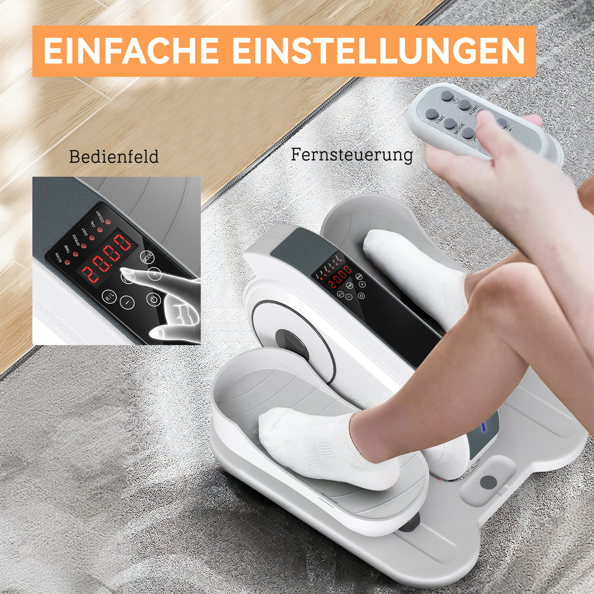 Ein Trainingsgerät mit Bedienfeld und Fernbedienung. Die Maschine steht auf einer grauen Oberfläche.