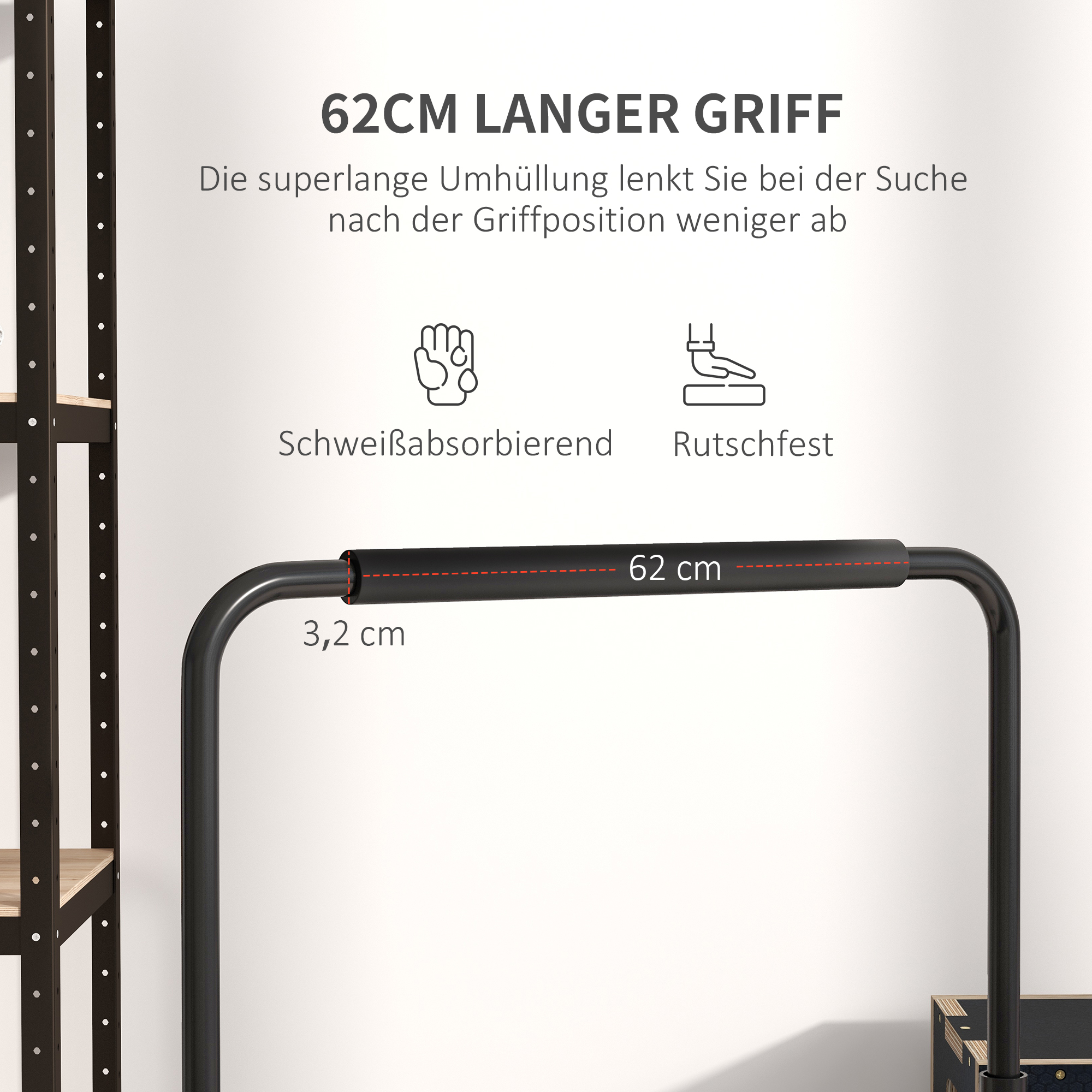 Ein schwarzer Haltegriff. Der Griff ist 62 cm lang und hat eine gepunktete rote Linie.