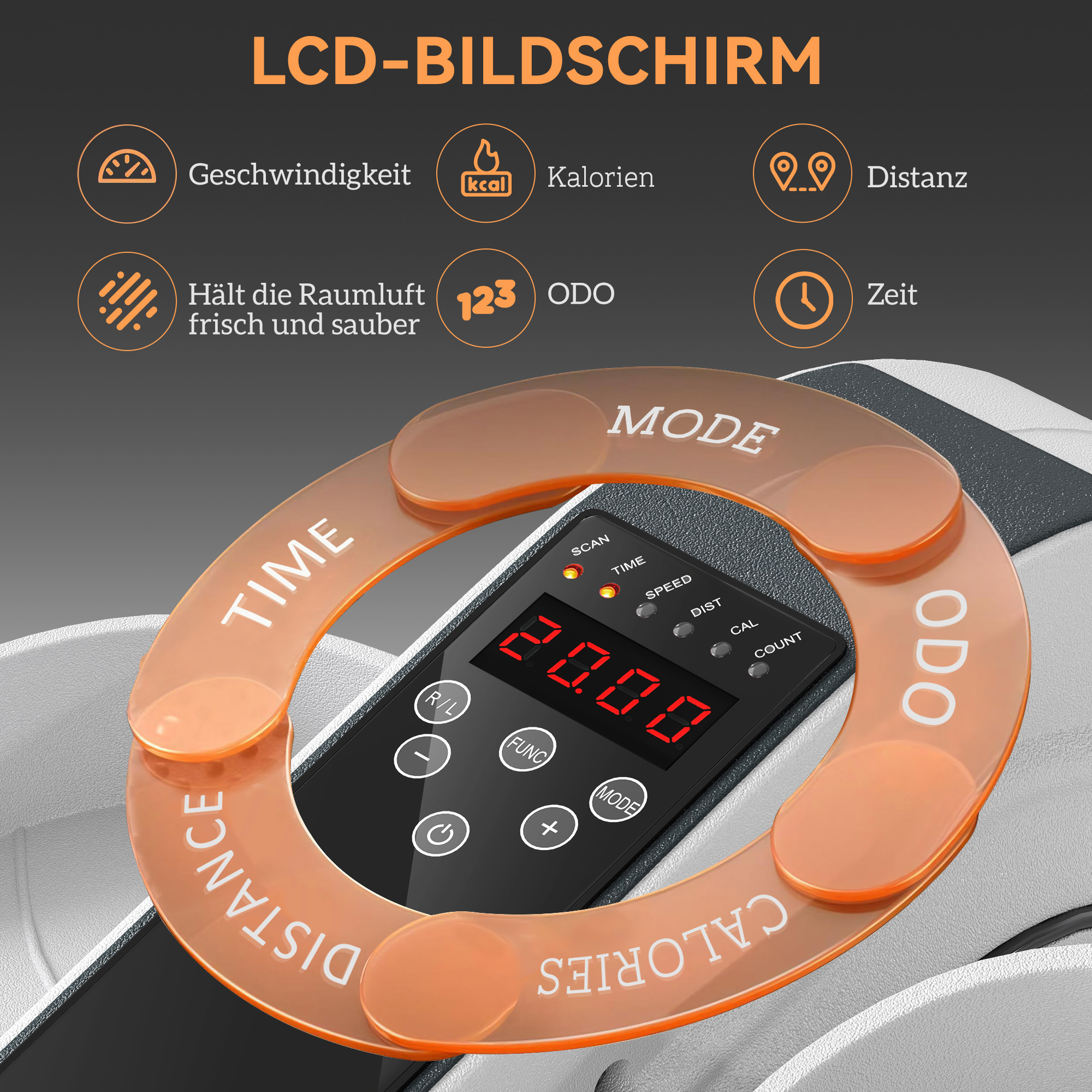 Ein LCD-Bildschirm einer Trainingsmaschine mit verschiedenen Daten: Zeit, Distanz, Kalorien, Geschwindigkeit und Zählung.
