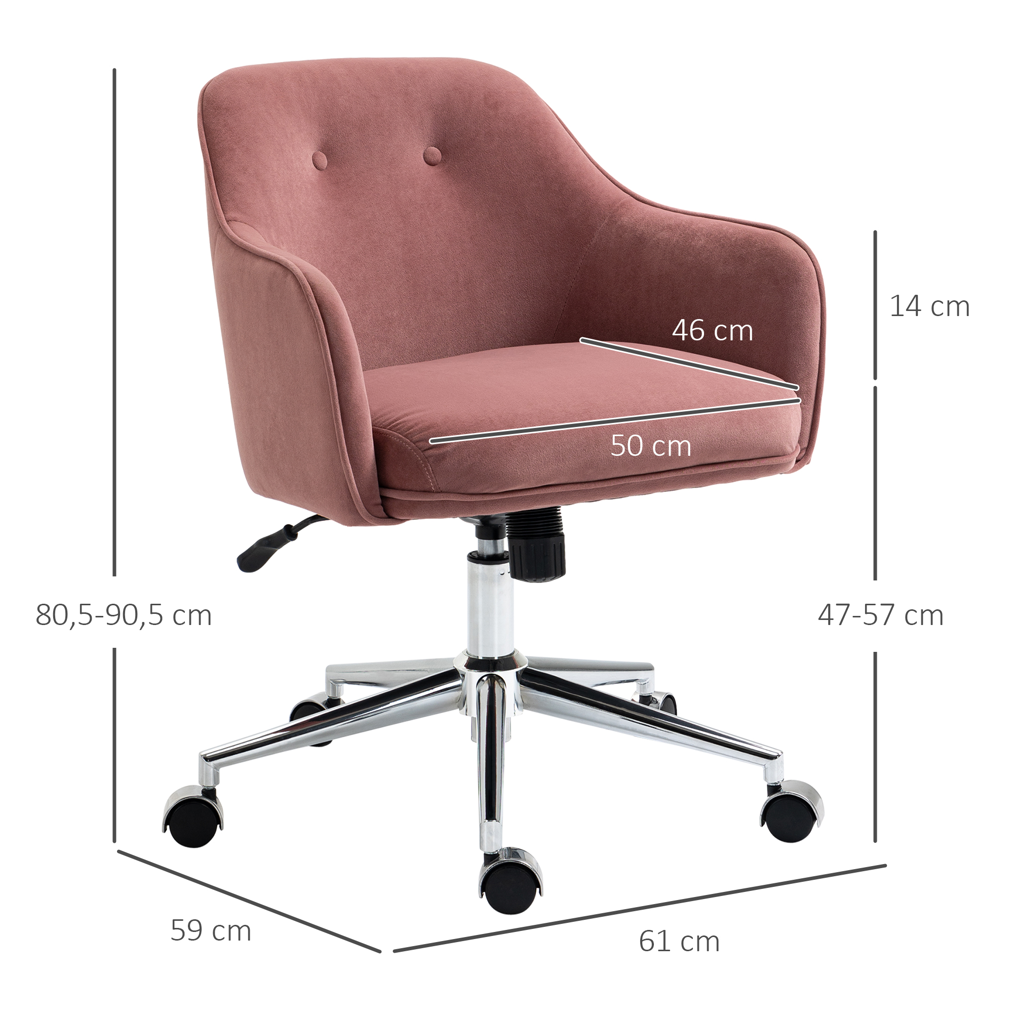 Pinker Bürostuhl mit Chromfuß. Messungen sind auf dem Stuhl beschriftet.