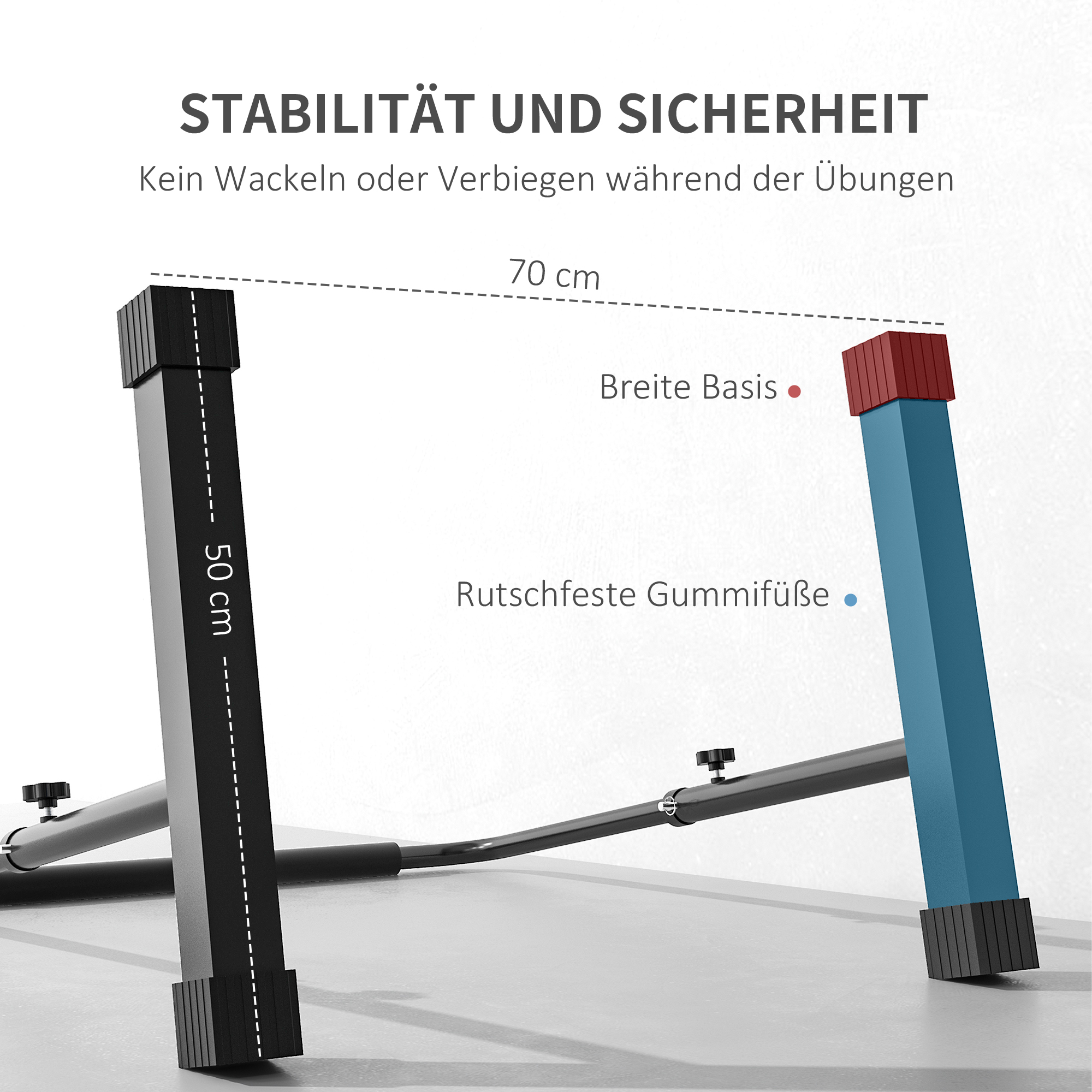Schwarze und blaue Basis von Klimmzugstangen mit Maßangaben. Die Basis ist stabil.