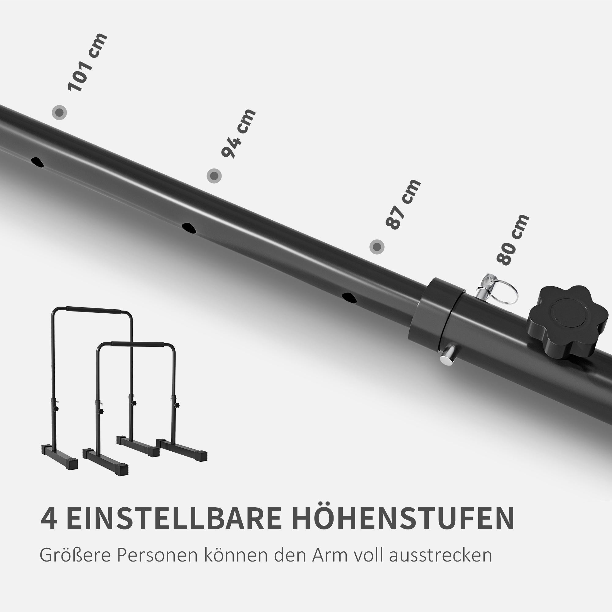 Schwarze, verstellbare Übungsstangen mit Messungen. Drei kleine Stangen im Hintergrund.
