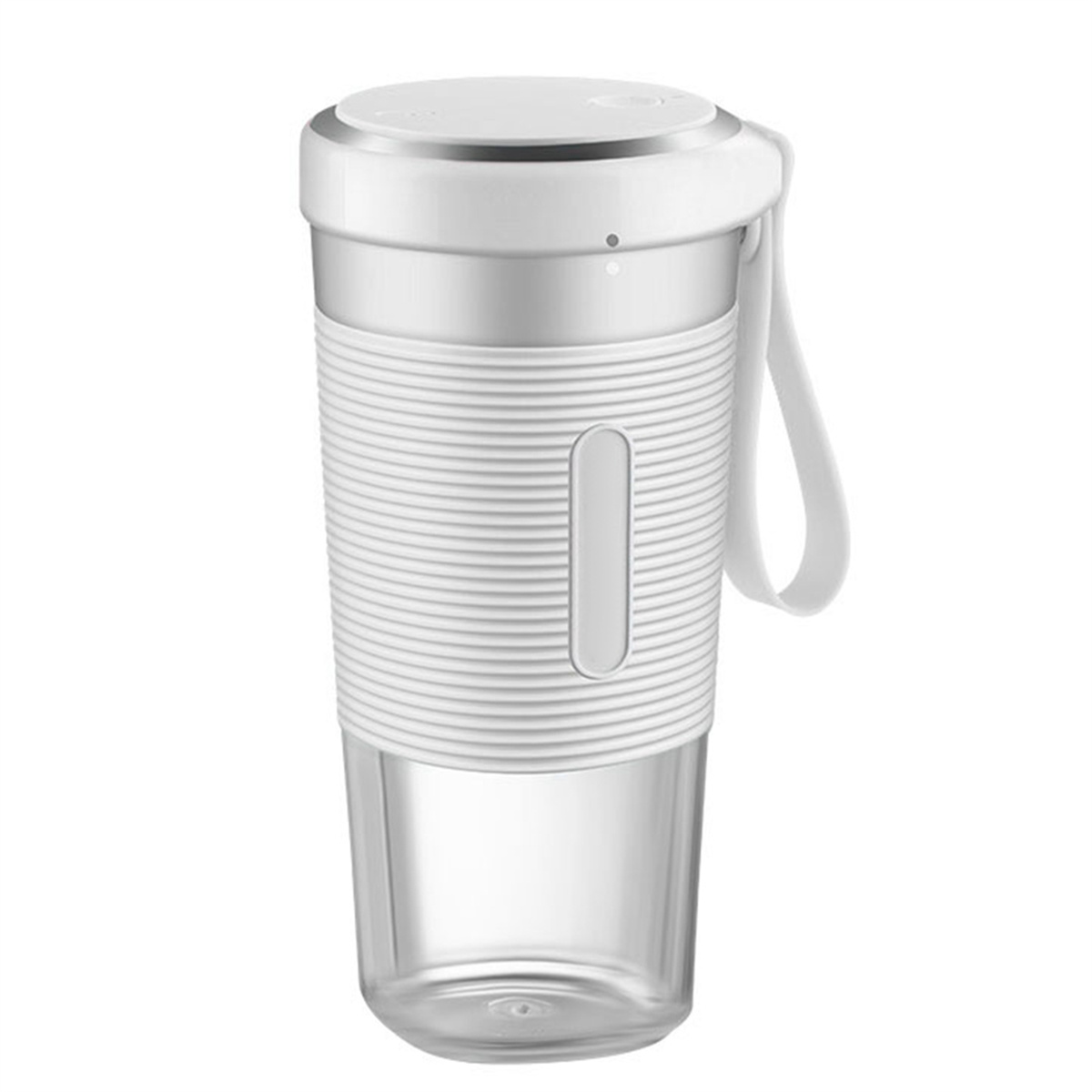 Weißer Mixer mit transparentem Behälter. Einfaches Design mit Griff.