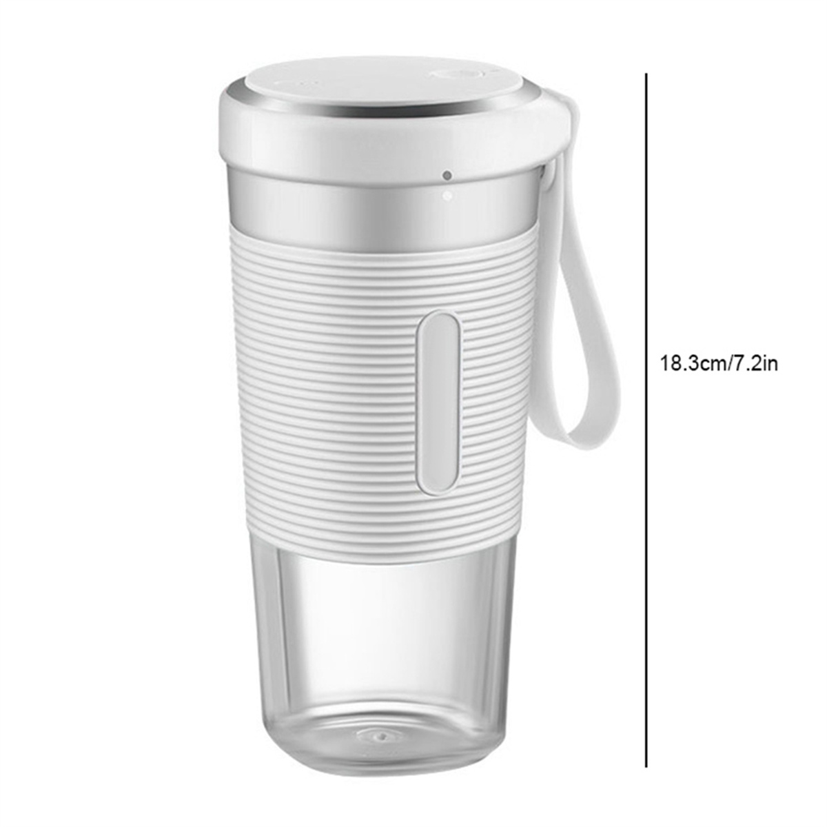 Weißer Mixer mit Maßen. Hat einen Griff und einen durchsichtigen Becher.
