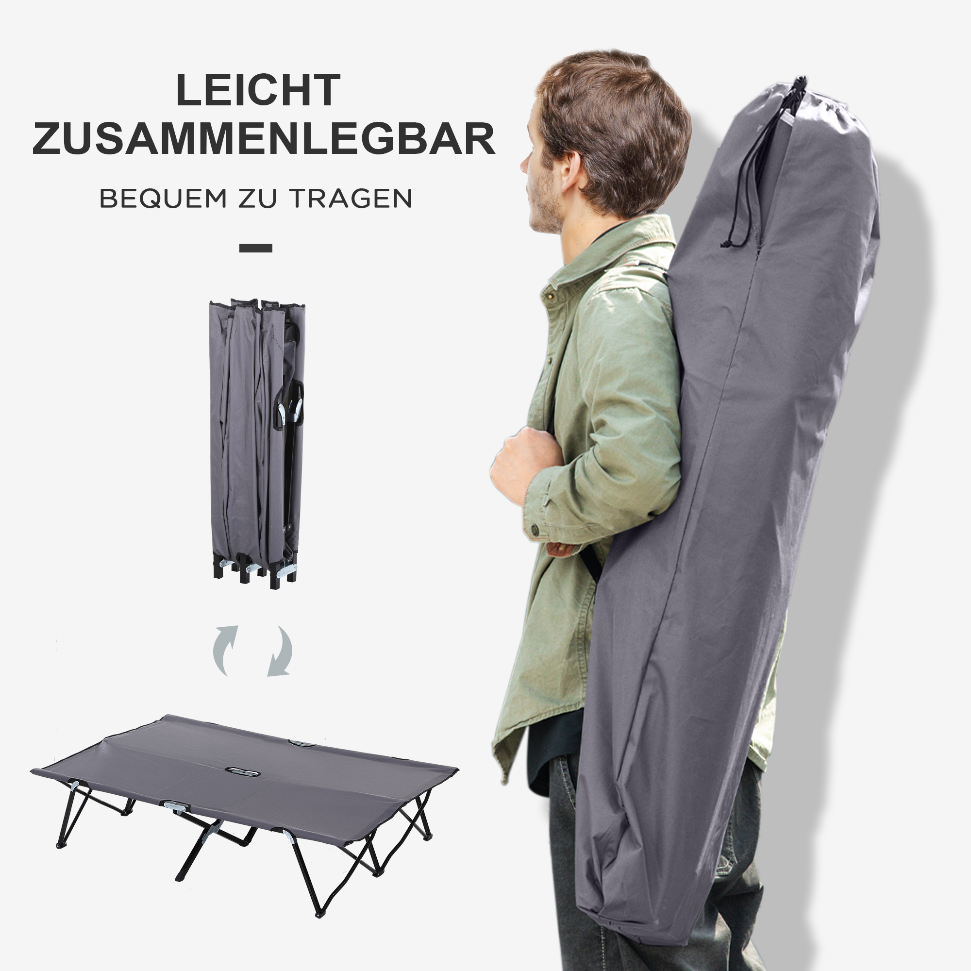 Ein Mann trägt ein graues Klappbett in einer Tragetasche.
