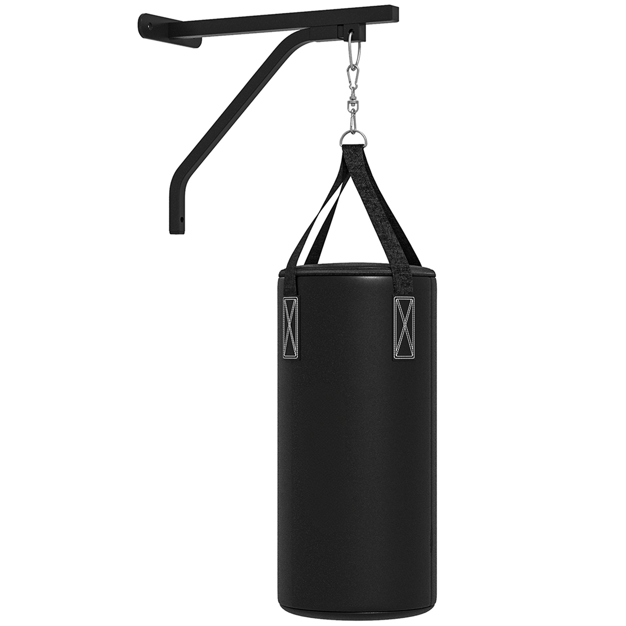 Ein schwarzer Boxsack, der an einer schwarzen Halterung hängt.