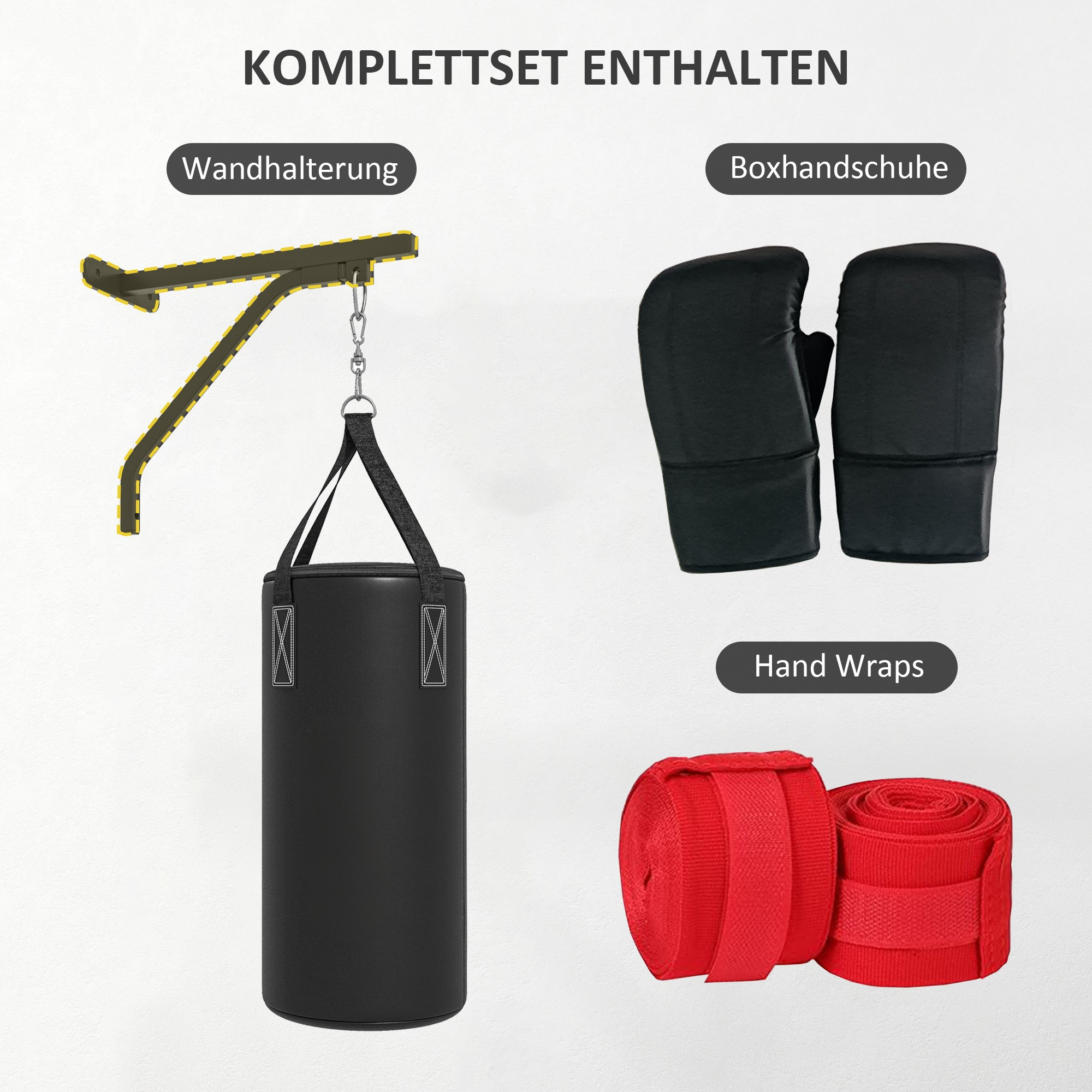 Das komplette Set eines Boxsacks, Wandhalterung, Boxhandschuhen und Handbandagen.