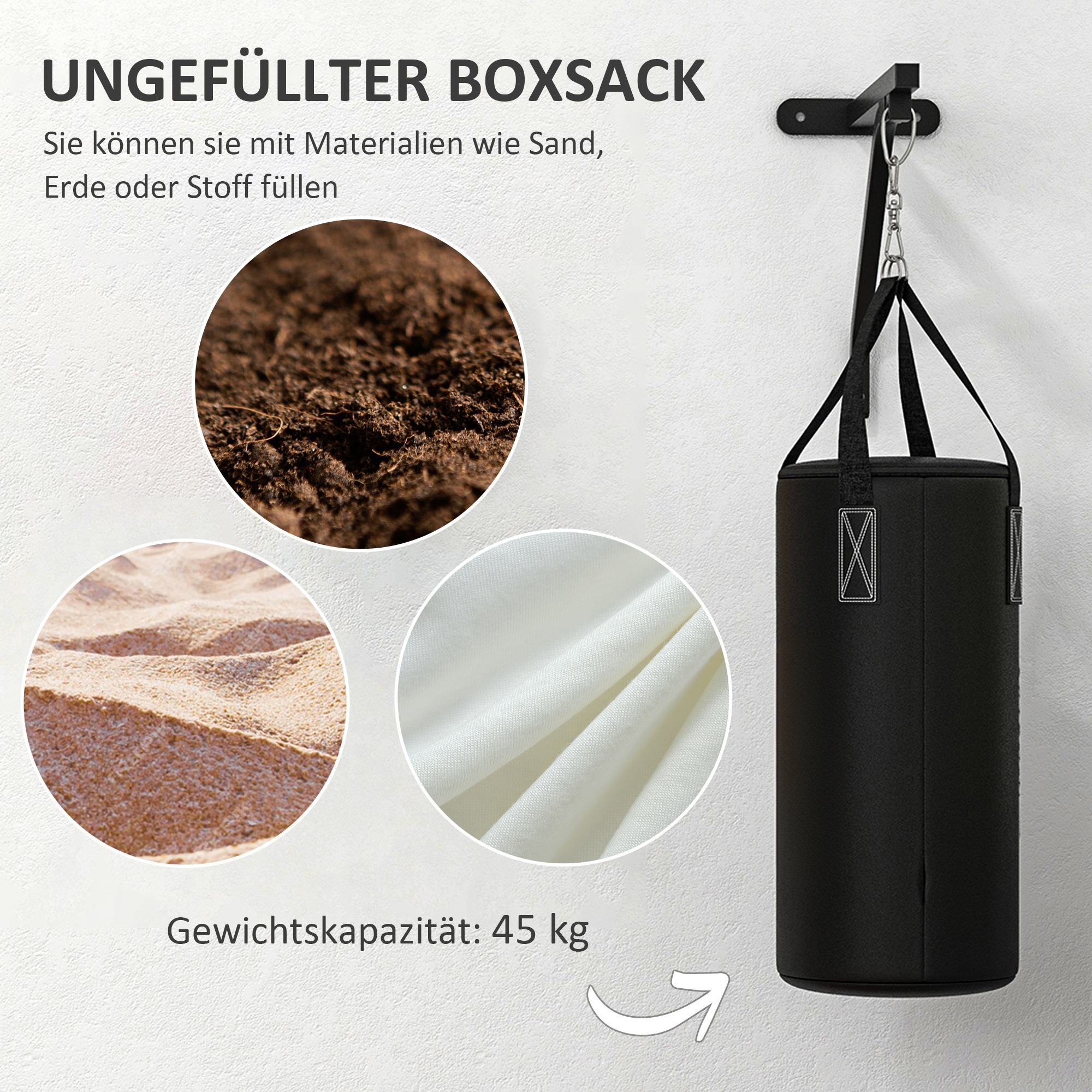 Schwarzer Boxsack, mit Bildern von Sand, Erde und Stoff. Tragfähigkeit beträgt 45 kg.