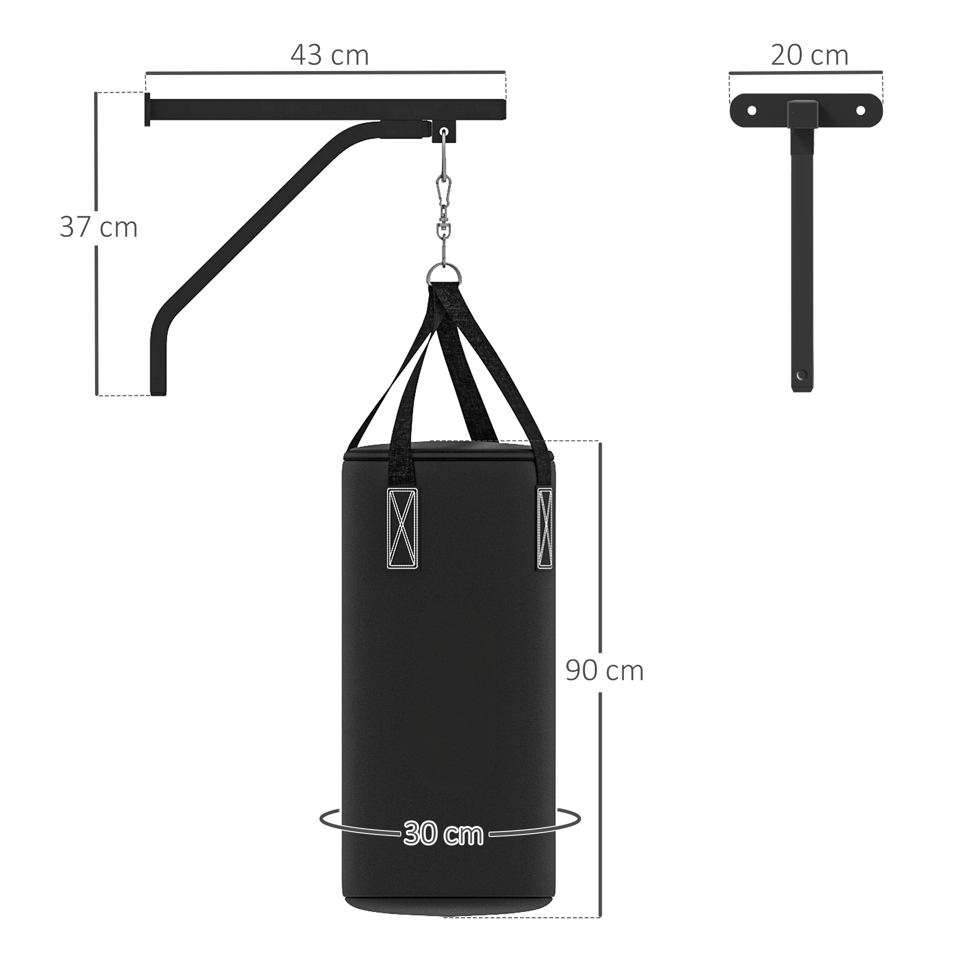 Schwarzer Boxsack, Abmessungen und Halterungsmaße sind angegeben.