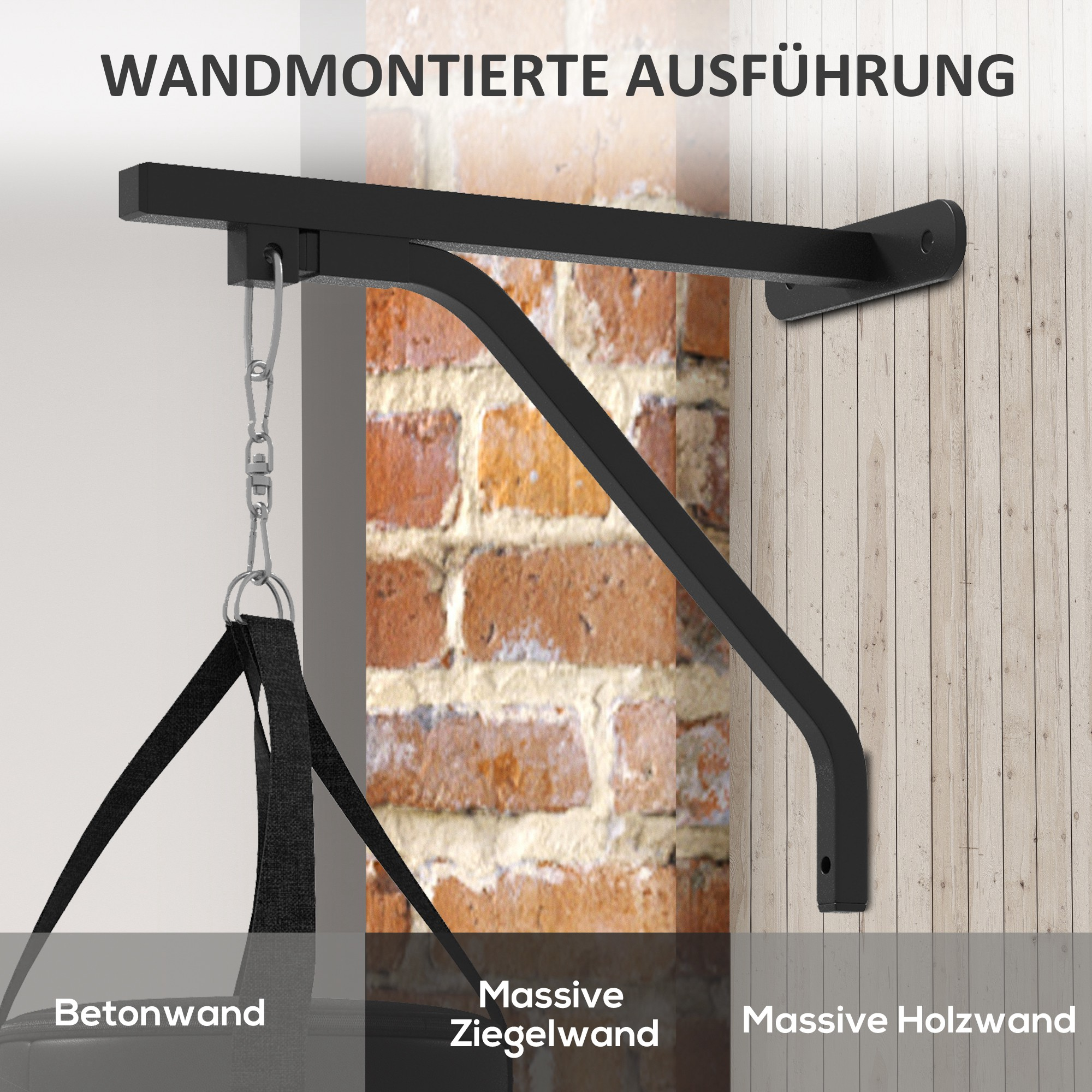 Schwarze Halterung für einen Boxsack, an einer Wand montiert mit deutschem Text.