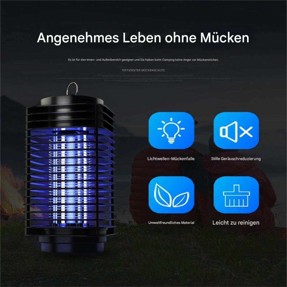 Insektenvernichter mit blauen Lichtern und Symbolen für Licht, Stille, Umweltfreundlichkeit und Reinigung.