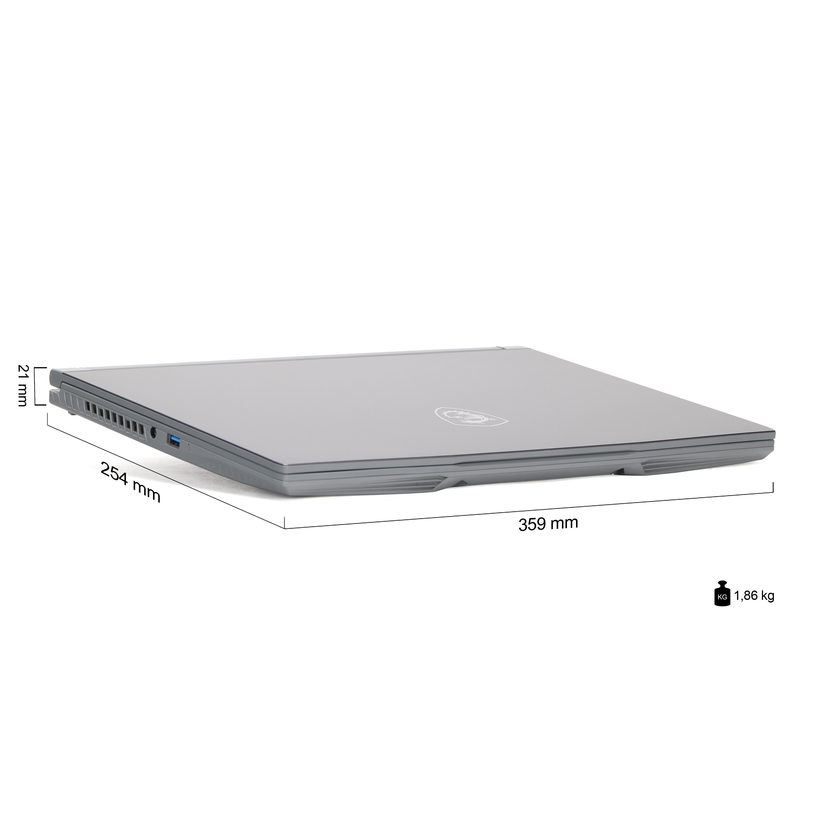 Ein geschlossener grauer Laptop mit angegebenen Abmessungen und einem Gewicht von 1,86 kg.