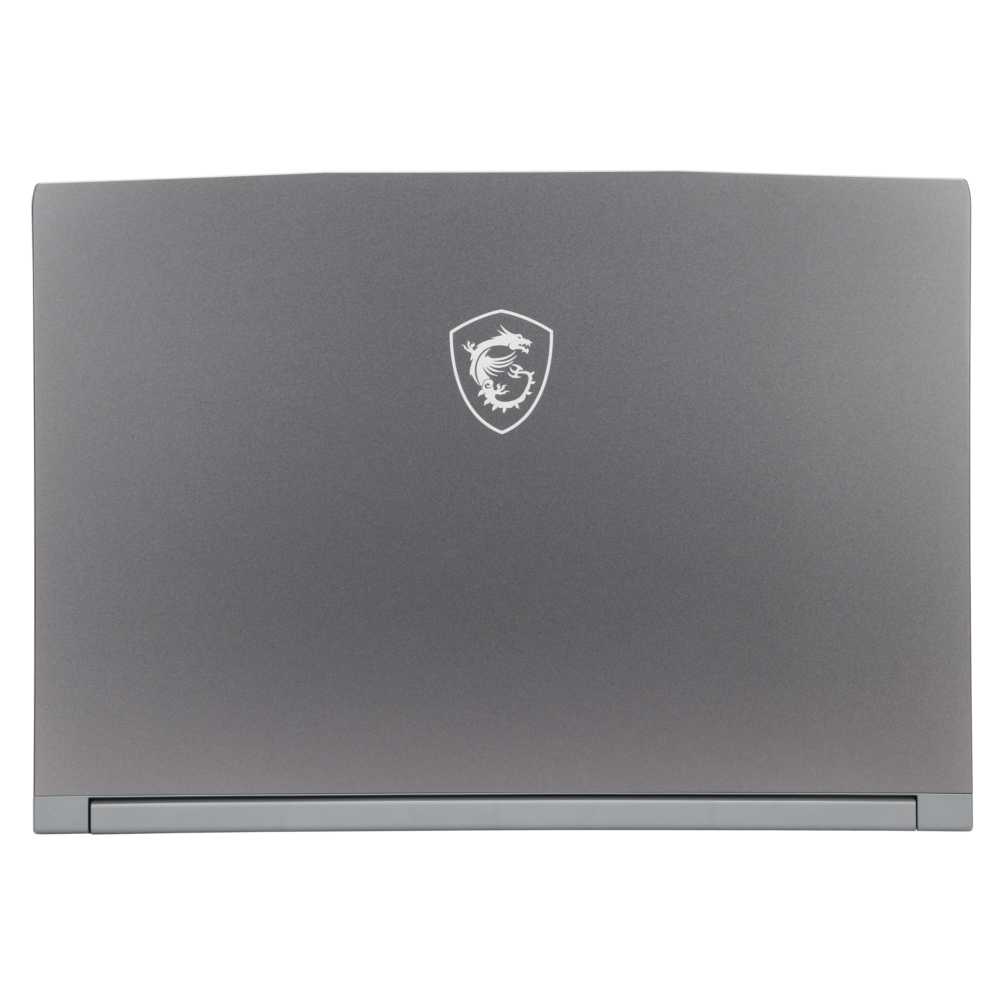 Oberseite eines grauen Laptops mit dem MSI-Logo. Die Oberfläche ist glatt und sauber.