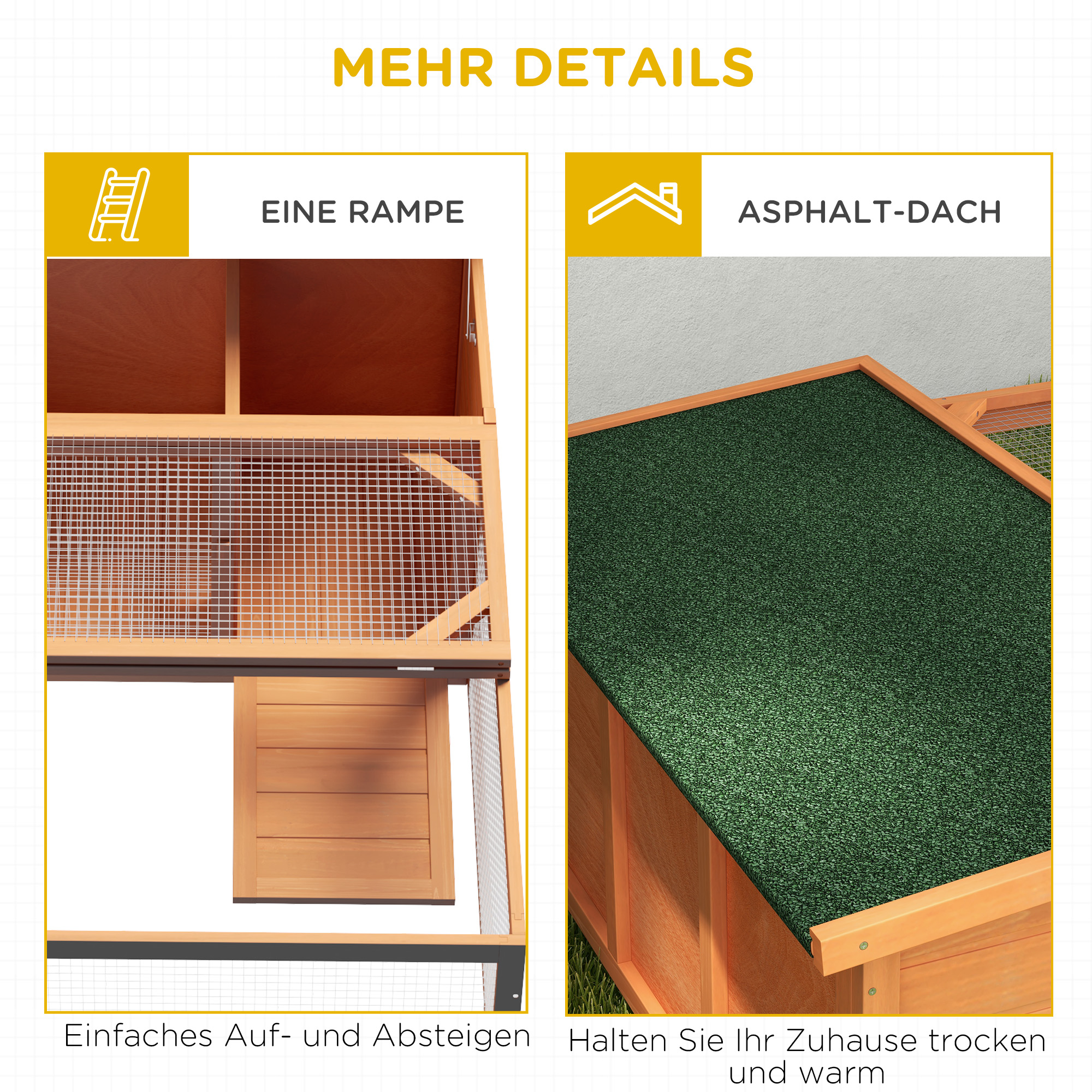 Nahaufnahme eines Kaninchenstalls mit Rampe, Tür und Details zum grünen Dach.