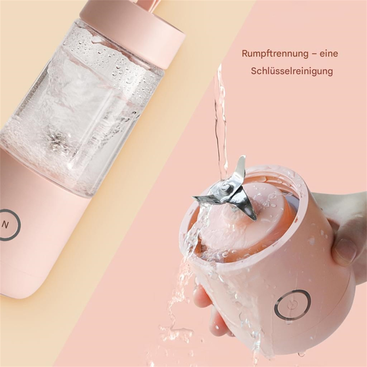 Ein pinkfarbener tragbarer Mixer wird mit Wasser gereinigt. Eine Klinge ist sichtbar.