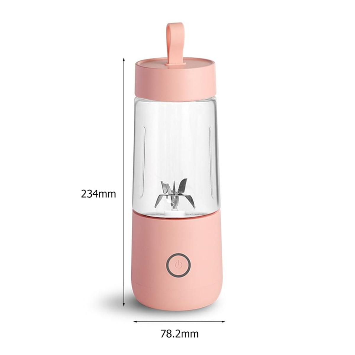 Ein pinkfarbener tragbarer Mixer mit angegebenen Abmessungen, die Höhe beträgt 234 mm.