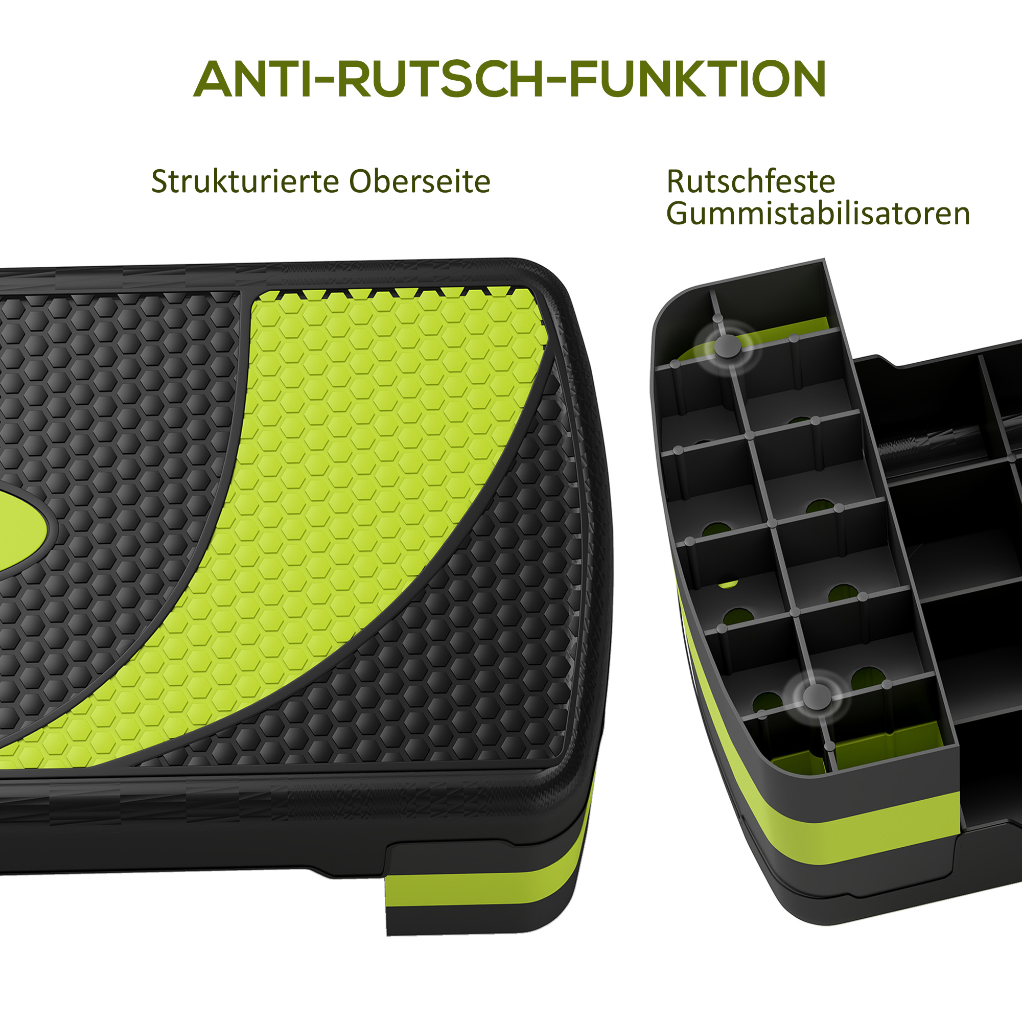 Step-Plattform-Details, zeigen strukturierte Oberfläche und rutschfeste Gummi-Stabilisatoren.